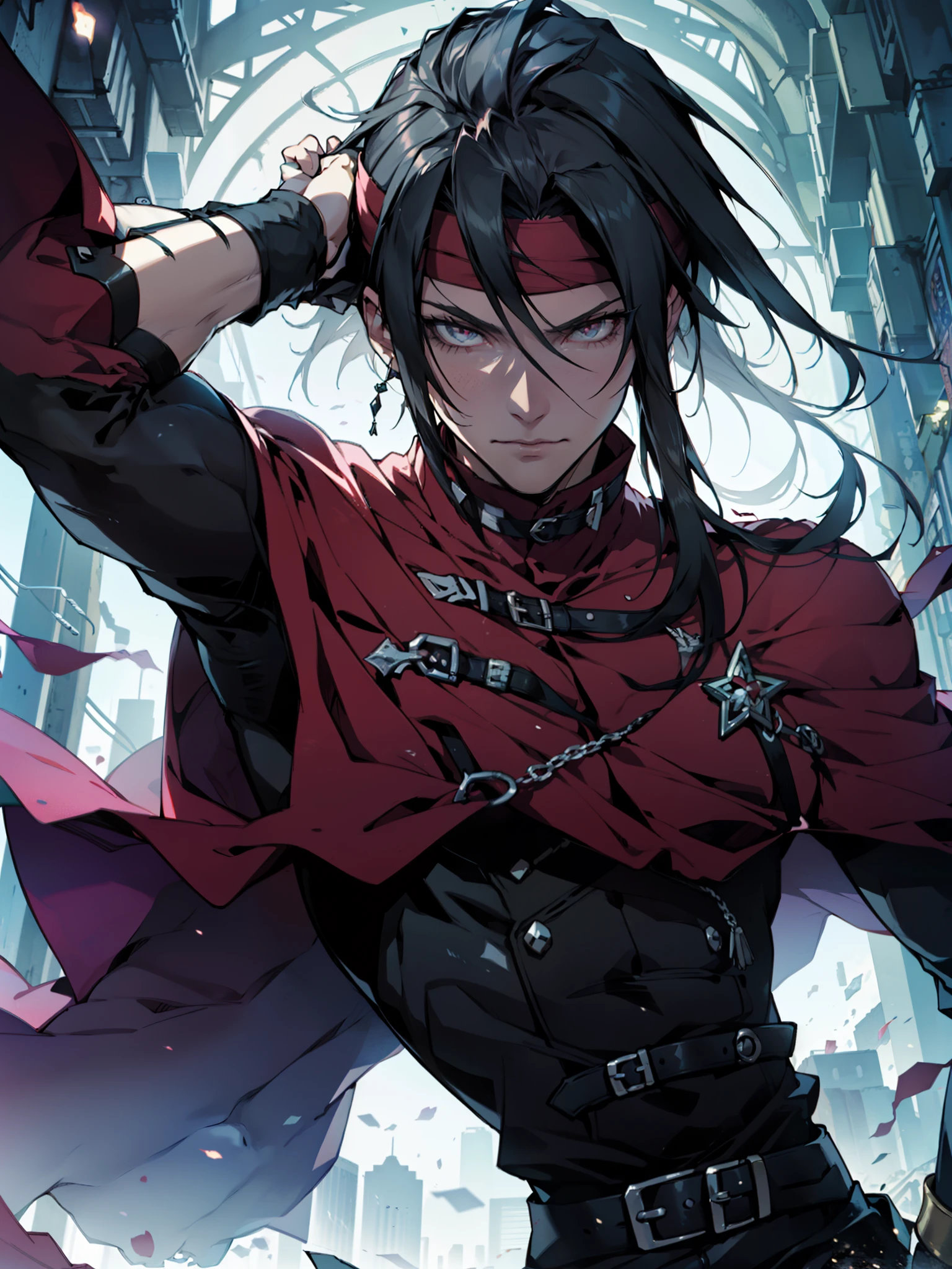 (absurdos, Altas Resoluciones, Ultra detallado, HDR), Obra maestra, La mejor calidad, final fantasy vii, vincent valentine, 1hombre solamente, guapo, pelo largo, cabello negro, Ojos rojos vibrantes, ojos finos y cara detalladas, Armadura, ((Arma intrincada)), Sentado en el trono, piernas abiertas, sonrisa afectada, molesto. Final Fantasy, abs, badass pose, Chico de anime en una cama con las manos en la cabeza, Hermosa pose de anime, Anime hombre guapo, Personaje masculino de anime, Badass Anime 8K, Arte detallado del personaje de anime, Concepto de anime HDR Anime MacManus, Chico anime, Ikuto Yamashita, Anime CG arte suave, Fondo de pantalla de manga 4 k, inspirado por Yamagata Hiro, Wallaper de anime