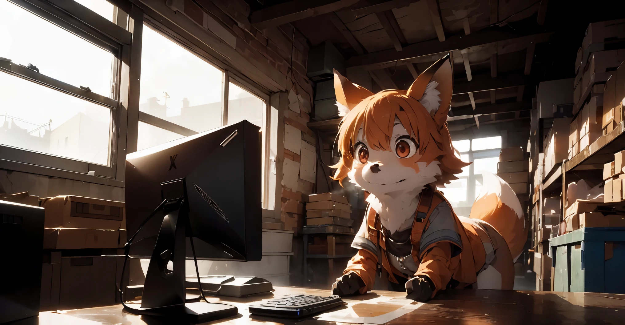 A curious fox named Foxy is exploring an old warehouse on the outskirts of a quiet village. The warehouse is dark and dusty, with a lot of trash and debris. But Foxy doesn’t mind, and he notices a unique and old-fashioned computer in the back of the warehouse. The computer is a large monitor and keyboard, with a lot of buttons and levers attached to a machine, like an old sci-fi movie. Foxy approaches the computer and starts to press the buttons and levers with curiosity. Then, a bright light is emitted from the computer, and the warehouse is lit up in an instant. Foxy is surprised and looks at the computer screen. There, he sees images of a strange world that he has never seen before. Foxy wants to know what the computer does and where it leads to.