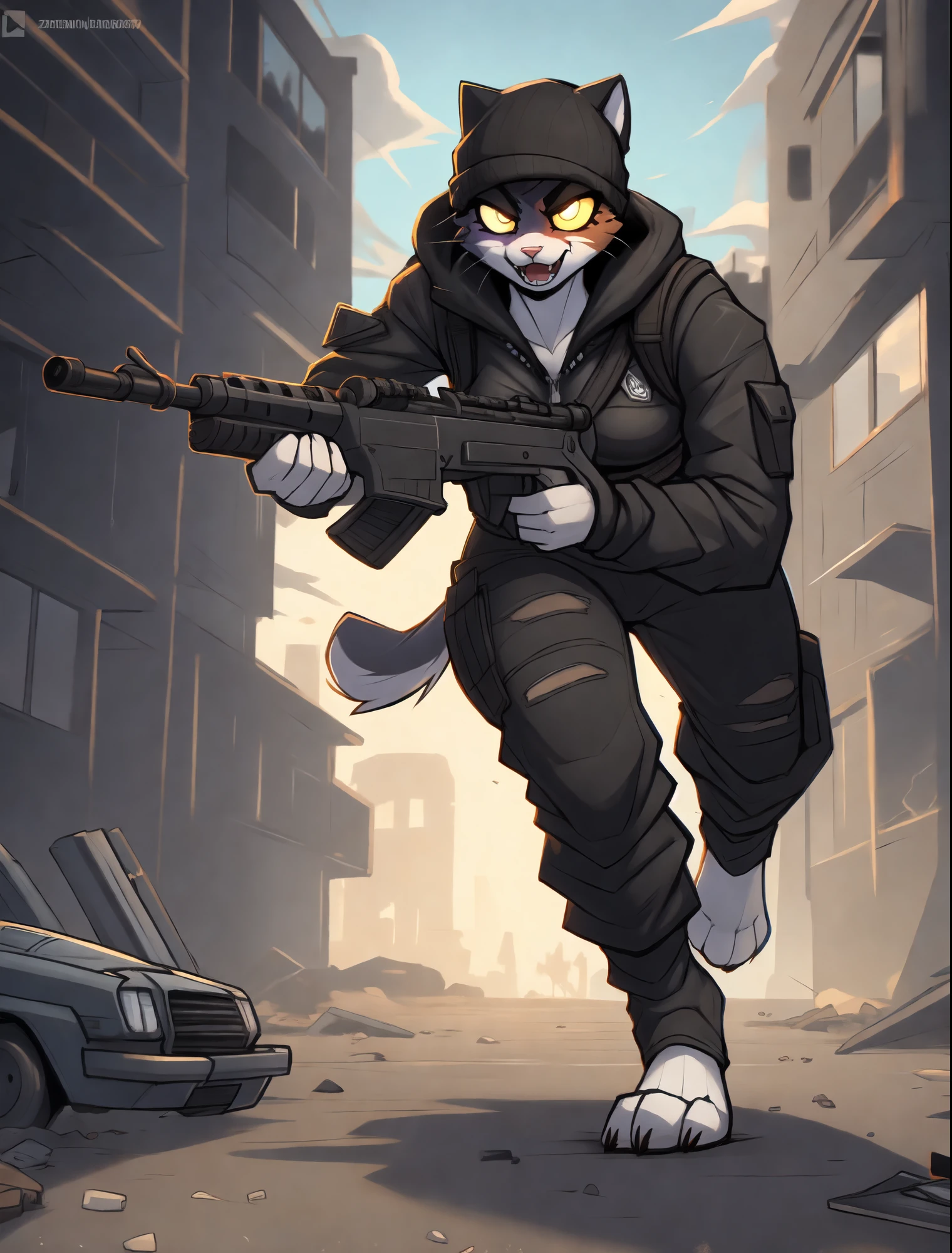 By black-kitten, by zackary911, by azoomer, by braeburned, Meow skulls, Fortnite, female, small breasts, naked, barefoot, two toned fur, holding a rifle, machine gun, running, angry eyes, smiling, mouth open, wearing post apocalypse clothing, running towards viewer