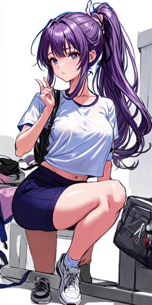 A beautiful woman with a mature face and long wisteria-purple hair tied in a ponytail with a pale pink ribbon.。White gym clothes。dark blue buruma。school playground。
