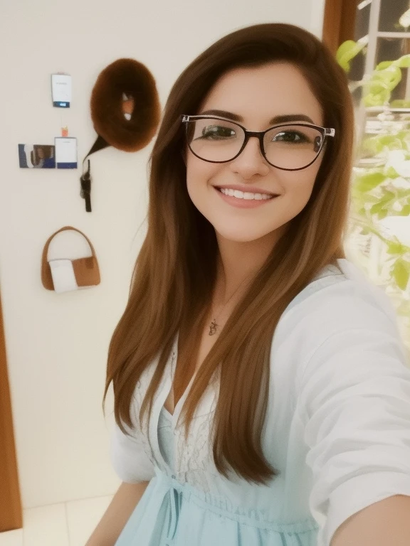 there is a woman taking a selfie in the mirror, selfie de uma jovem, !!wearing glasses modernos!!, imagem de perfil, imagem de qualidade muito baixa, parecendo muito bobo, fotografia selfie 8k, with glasses, long wavy black hair and glasses, mulher de 30 anos, Mulher de 3 0 anos, !!wearing glasses!!, inspired by Gina Pellón