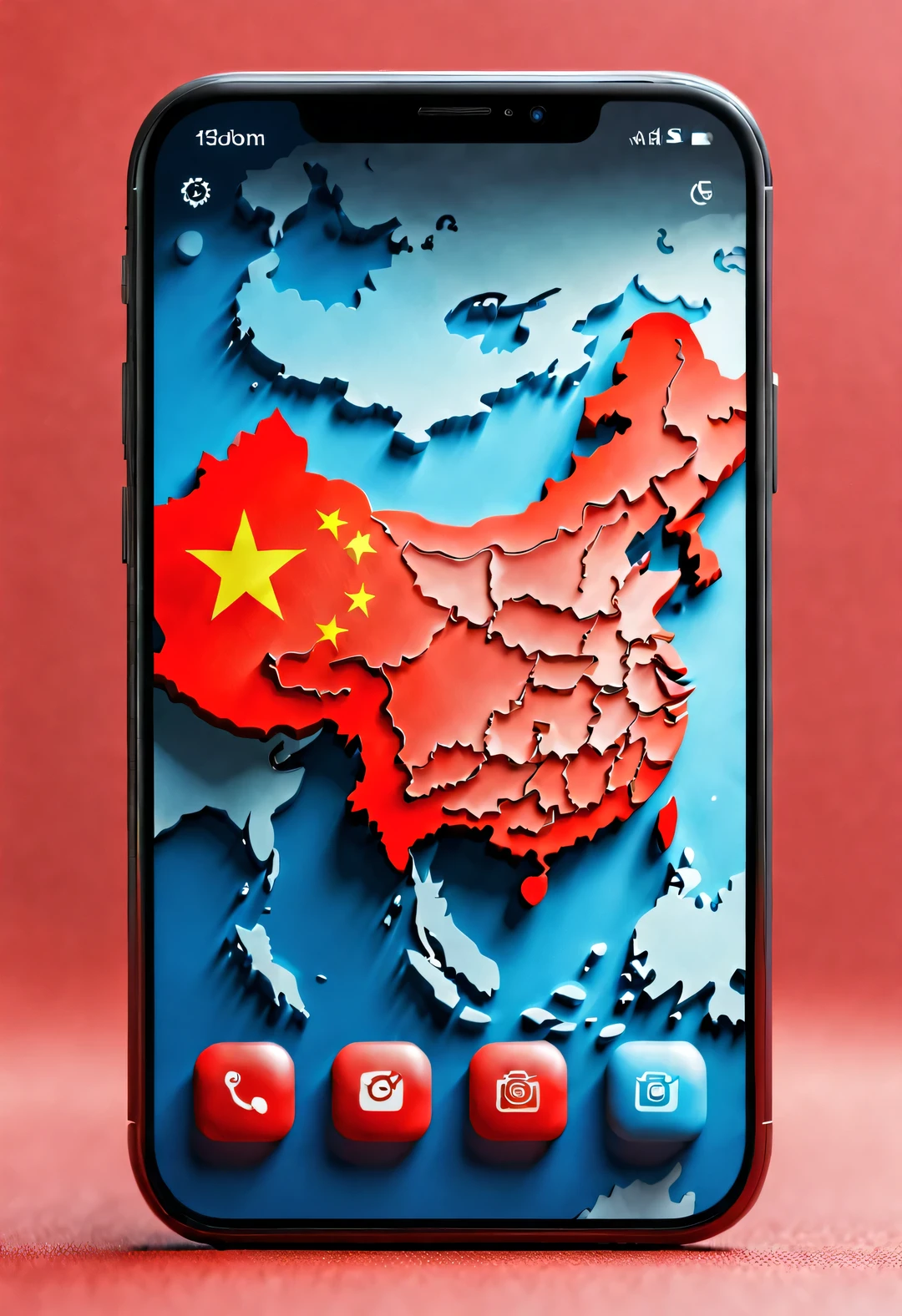 APP icon design style, red mobile wallpaper，（China 3D map），background：Blurred flat blue world map outline