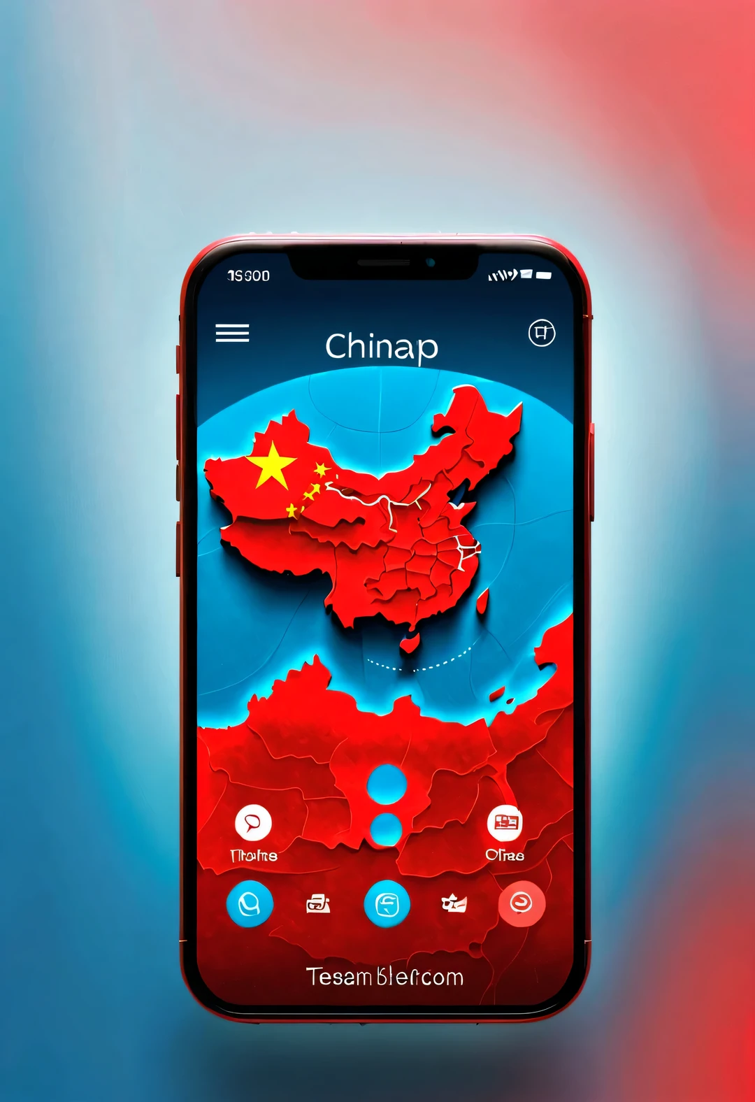 APP icon design style, red mobile wallpaper，（China 3D map），background：Blurred flat blue world map outline