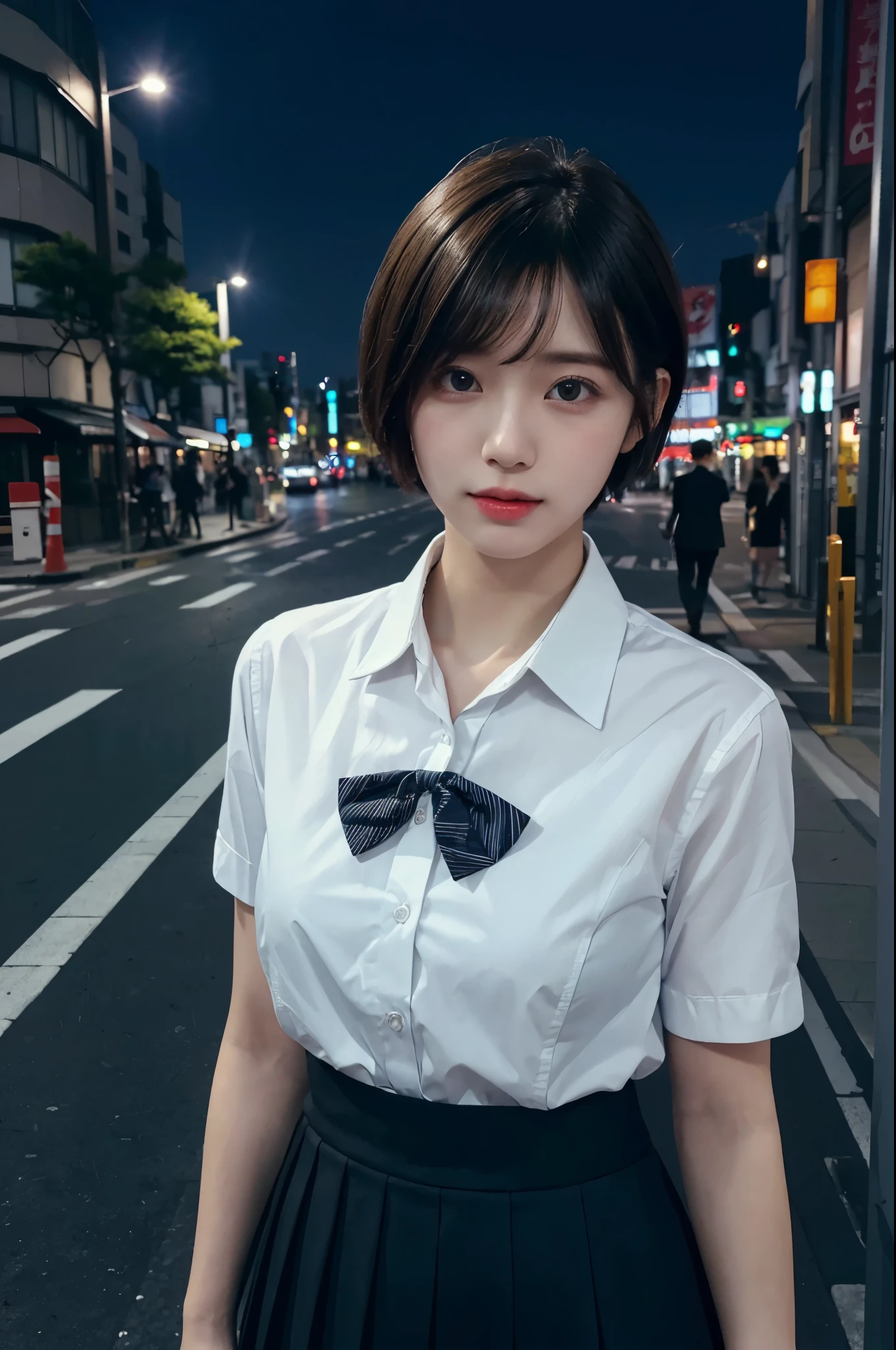 (8k, RAW photo, best quality, masterpiece:1.2), (realistic, photo-realistic:1.37), ultra-detailed,
1 girl,cute, solo,beautiful detailed sky,detailed tokyo street,night,
medium breasts,beautiful detailed eyes,(collared shirt:1.1), bowtie,pleated skirt,(short hair:1.2),floating hair
