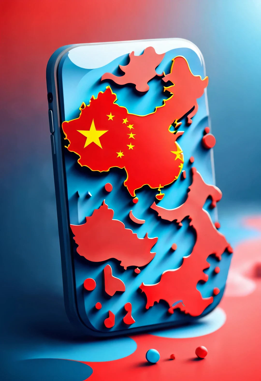 APP icon design style, red mobile wallpaper，（China 3D map），background：Blurred flat blue world map outline