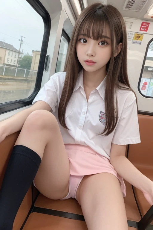 table top, highest quality, one girl, (beautiful girl, Cosplayers:1.3), (************:1.2), extremely fine transparency, (symmetrical eyes:1.3), (beautiful scenery, Sit in a long seat on the train), (low angle shot, from below, Front view:1.3), (school uniform, white shirt, mini skirt, Pale pink panties、(Keep your legs apart), inner thigh:1.3), beautiful breasts, brown eyes, parted bangs, brown hair