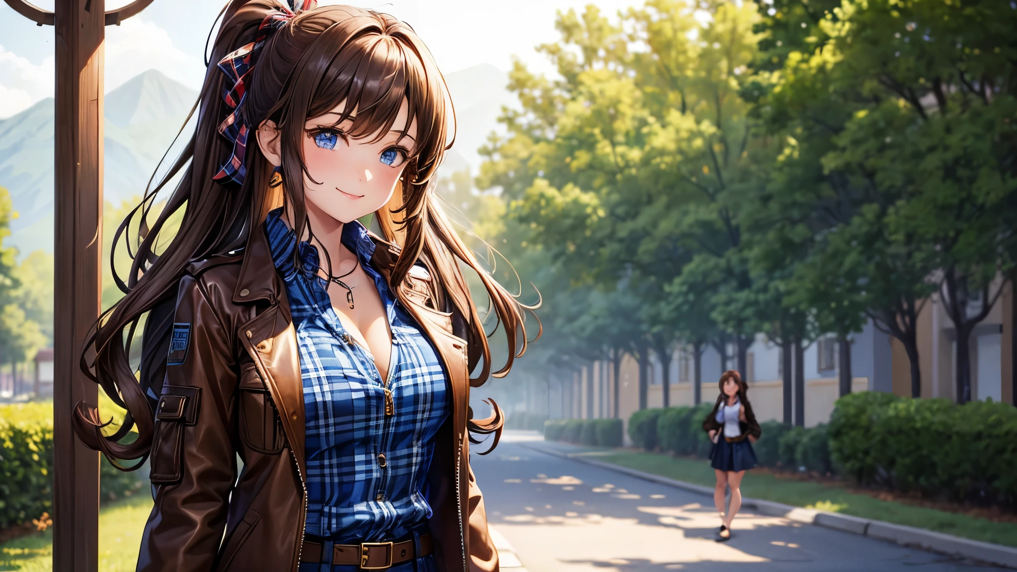 1girl, solo, village, trees, brown hair, long hair, curly hair, ponytail, large breasts, button down shirt, ((blue checked shirt)), ((unbuttoned shirt)), blue eyes, ((opened brown zipper jacket)), leather jacket, red and black skirt, smile, looking at the viewer, standng, hair ribbon, golden necklate