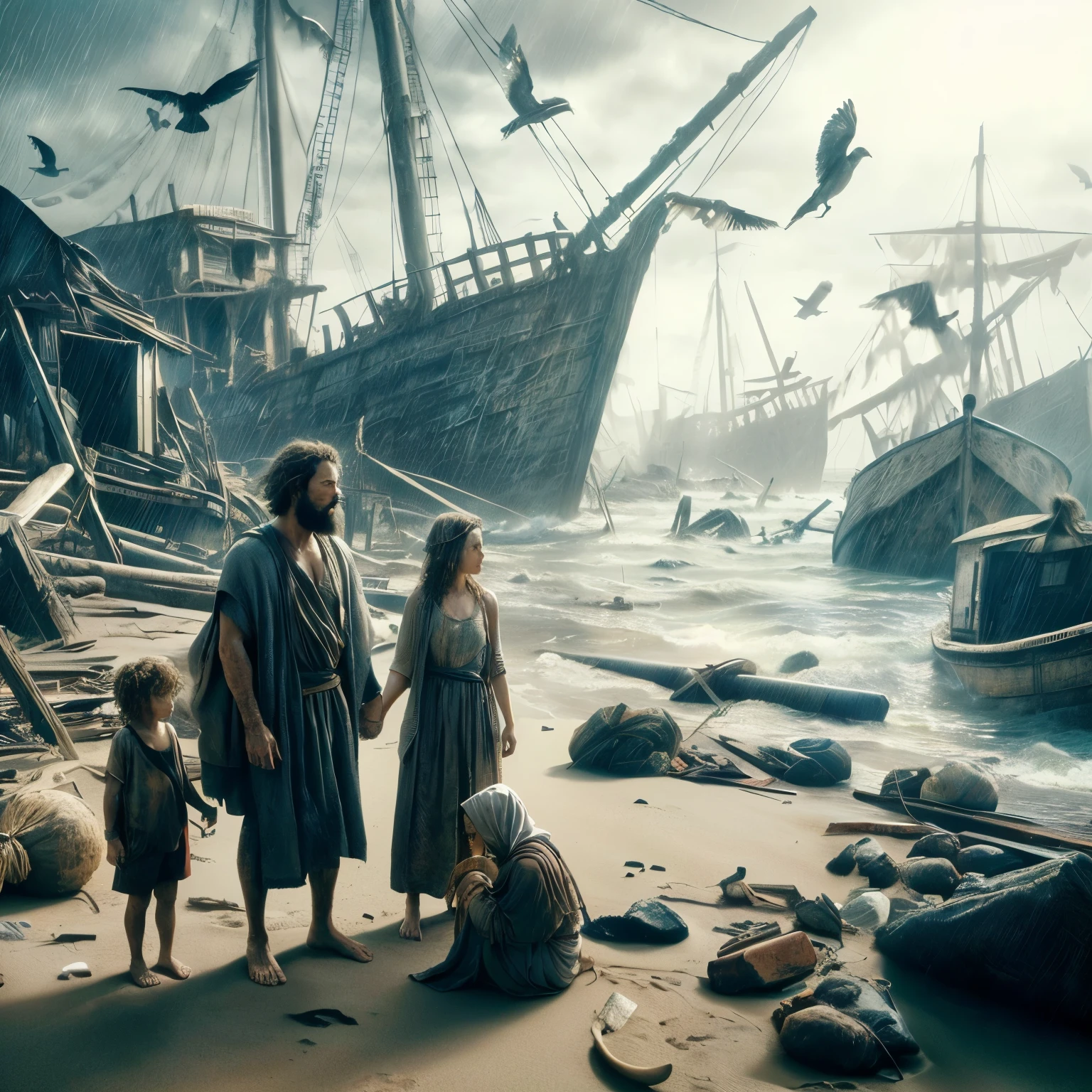 Arafed image of a man and two children standing on a beach., biblical epic movie, epic biblical depiction, noah's ark, dramatic film composition, 8 mil film still, 8 mil matte painting, Pintura mate 8K, 8 mil movie still, Render 3D y pintura mate, apocalyptic 8 mil, apocalyptic 8k, ( apocalyptic ) 8 mil, 4k post