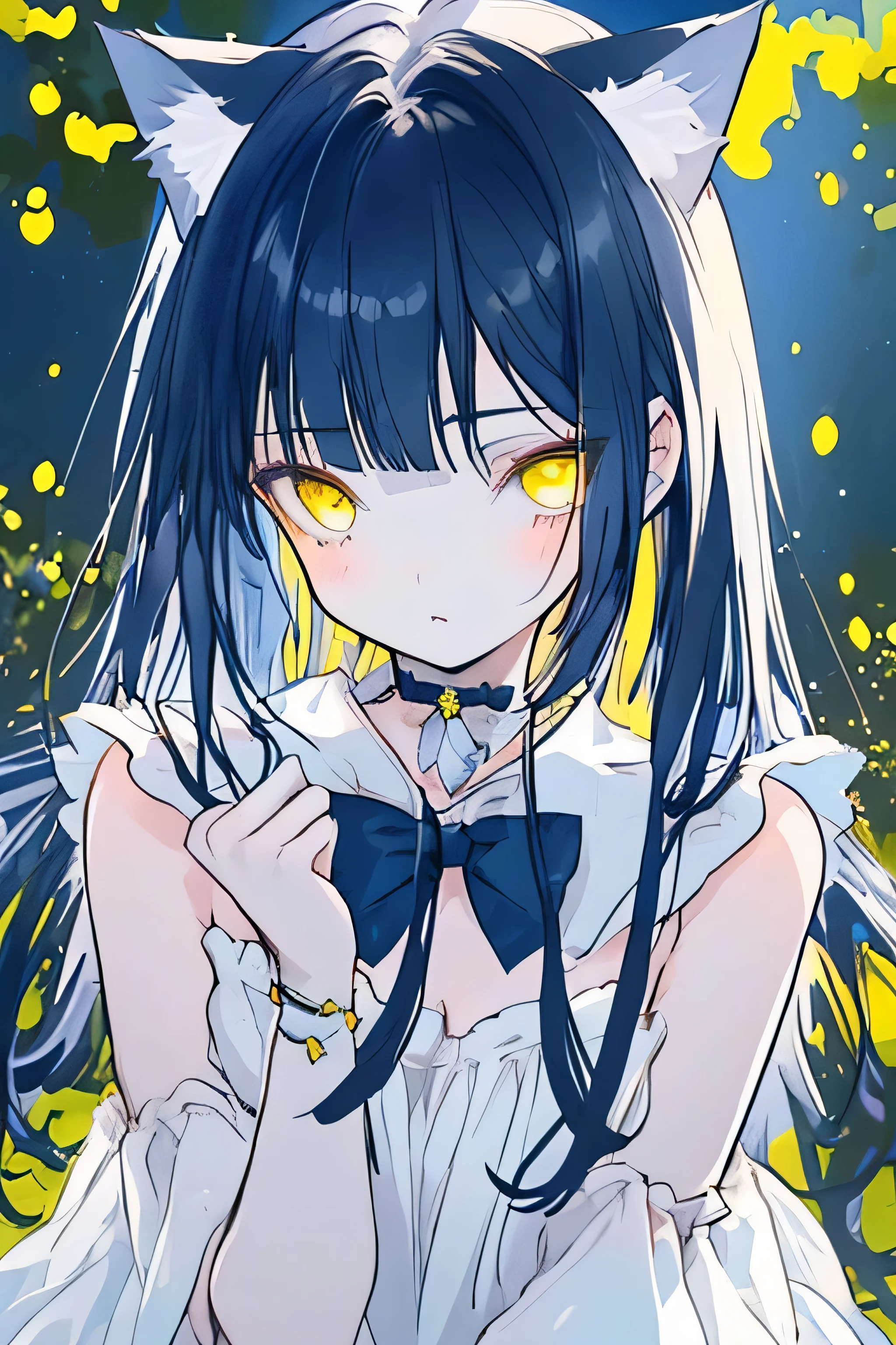 beautiful girl, dark blue hair, yellow eyes, cat ears, wearing a white dress with blue stripes, black collar, naked shoulders, bowtie, in the garden, high quality, detailed face, upper-body shot, soft lighting
