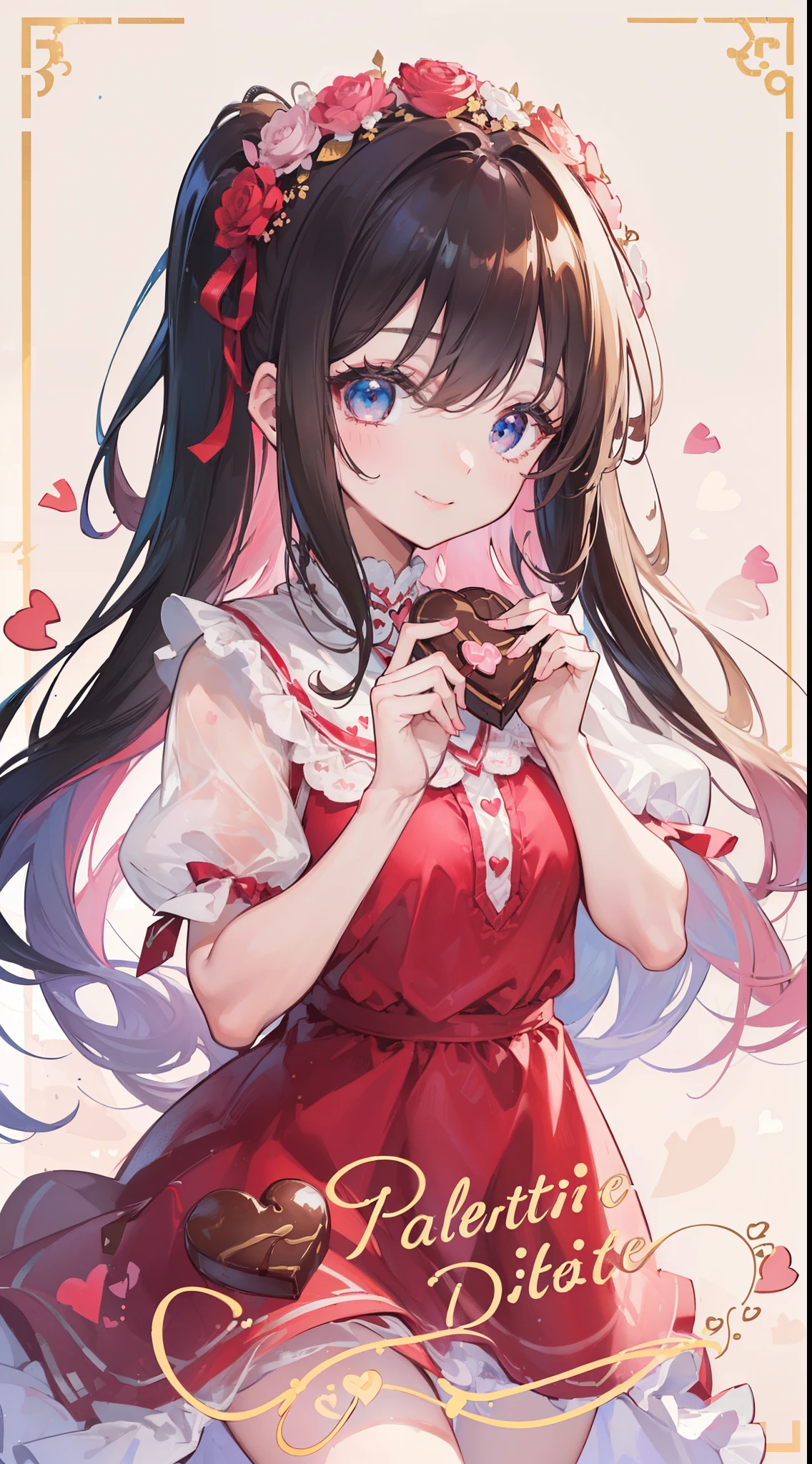 (((32k))), (((32k heart background))), (((Pretty girl))), (((cute girl))), (beautiful quality eyes), (cute smile), (((dress))), (valentine), ((holding heart chocolate)),