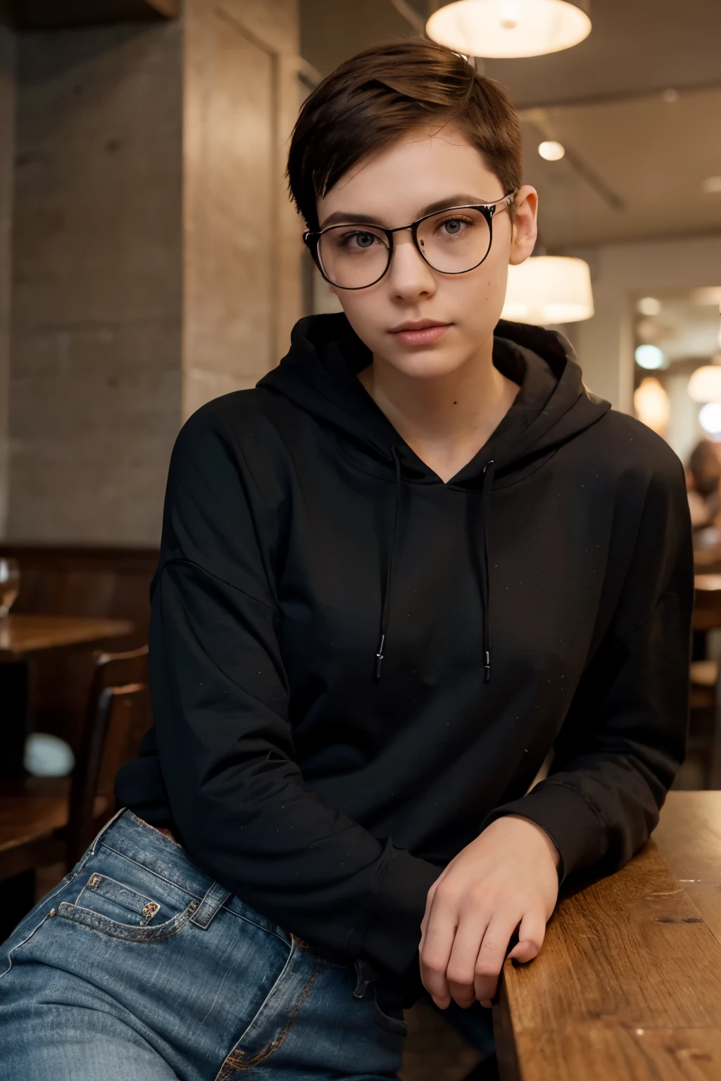 An androgynous female woman with glasses. Very short hair. Short manly haircut. Dark-brown hair with a undercut. Very pale skin with freckles and liverspots. Round soft face. Round soft chin. Round soft cheeks. Curved lips. Long wide nose. Dark brown eyes. Upturned eyes. Very thin, barely visible eyebrows. Long neck. Slim. . Long thick legs. Kind. Friendly. Androgynous. Tomboyish. Wearing a black jeans. A bright blue hoodie. In an restaurant.