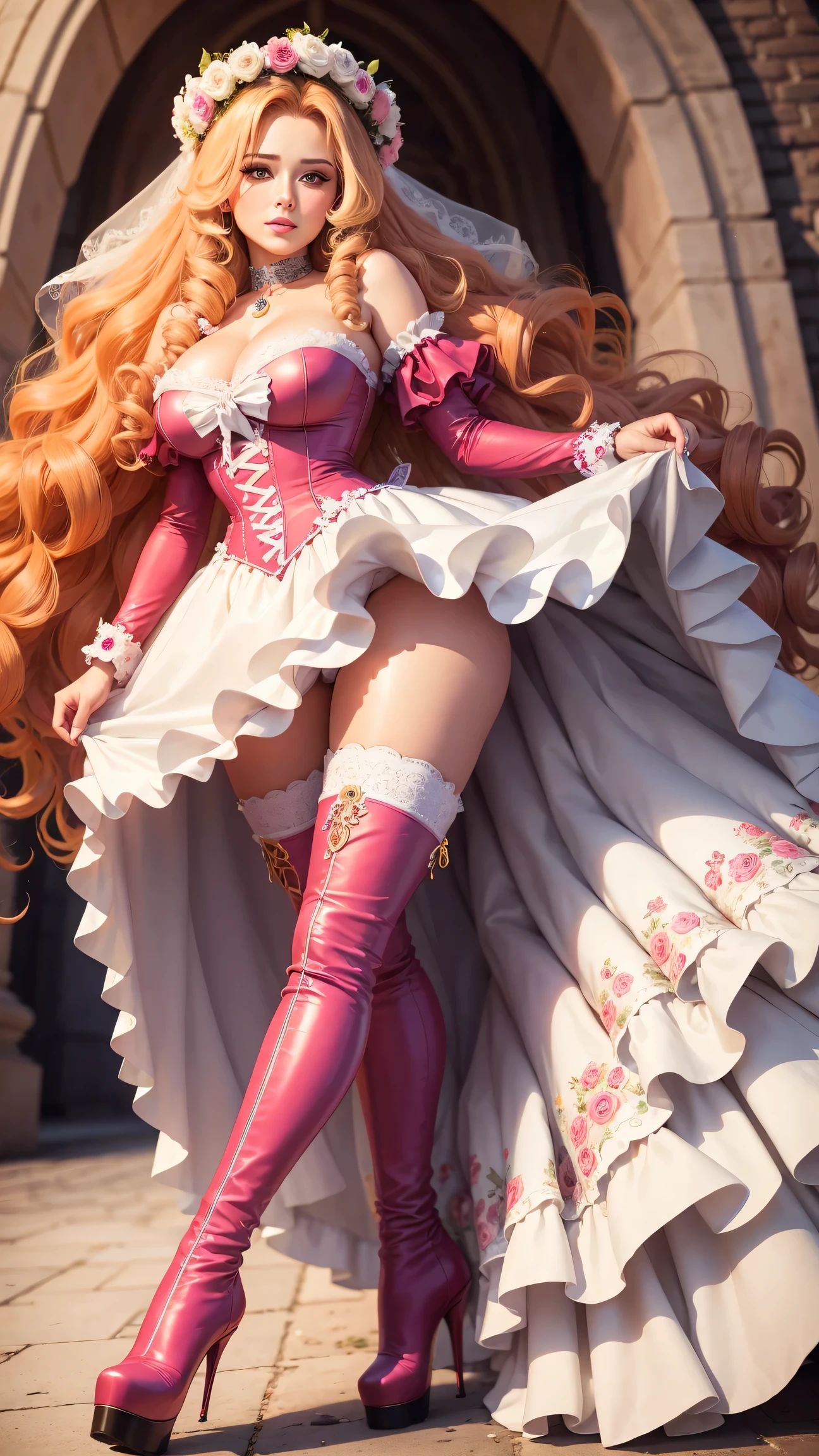 Anna Semenovich. multicolor hair. long curly hair. choker. small breasts. gigantic hips. . bow. floral wedding dress. Thigh-high boots