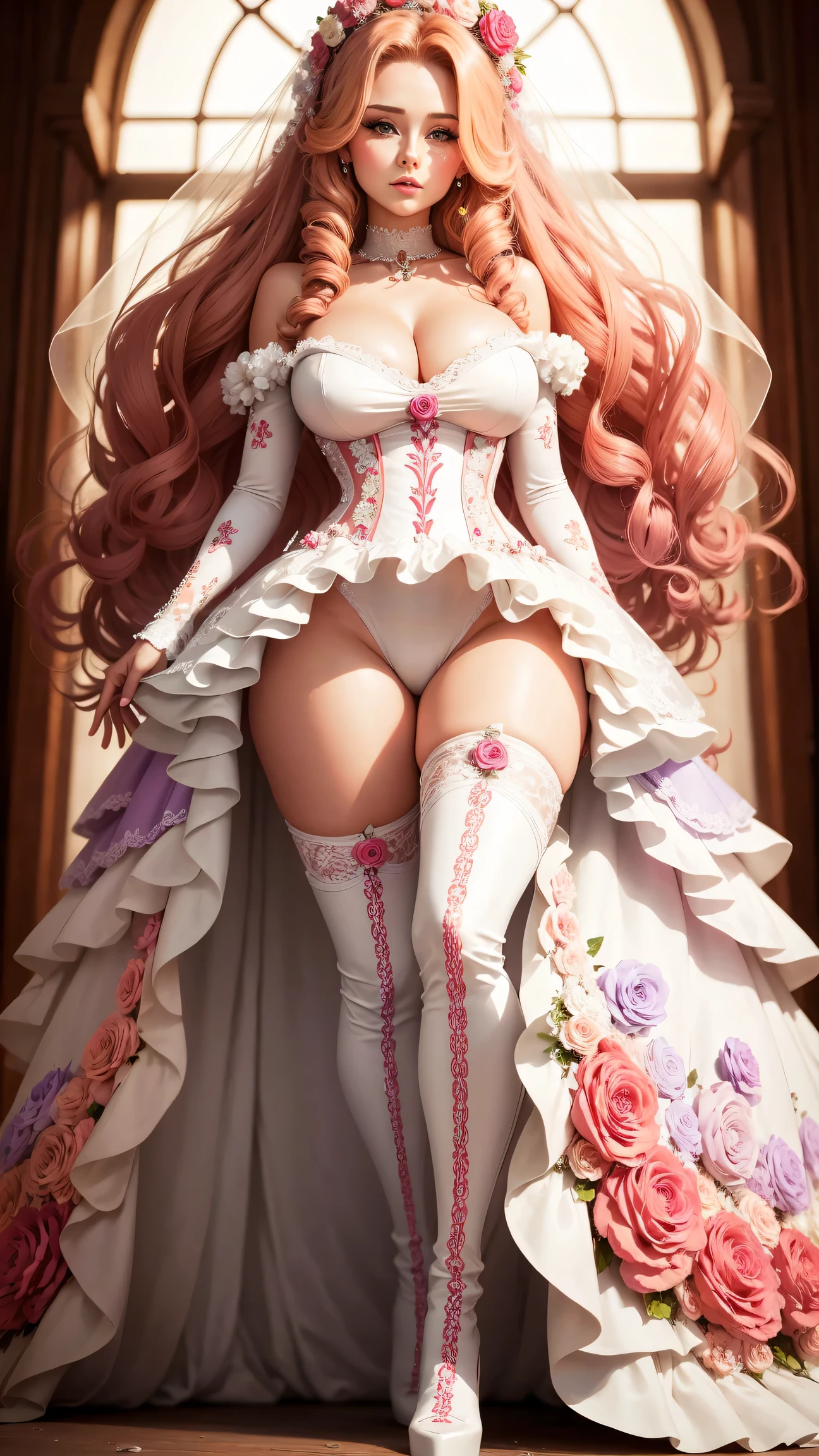 Anna Semenovich. multicolor hair. long curly hair. choker. small breasts. gigantic hips. . bow. floral wedding dress. Thigh-high boots