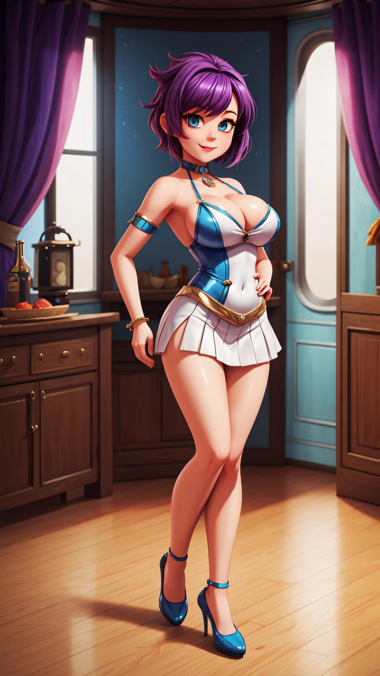 ((Full body):1.5), 1woman, wearing {Saidor Moon costume, white with blue parts, red short skirt, extremely tight body}, has {extremely giant breasts}, {she has purple hair, short, mohawk , blue eyes}, she is looking at the viewer, {look of pure pleasure, fawn expression of pure pleasure, {she is leaning against a pole, doing erotic poses for the viewer}, {Background: very fancy yacht full of people}. 16k, high quality, high detail, UHD,EnvyMix