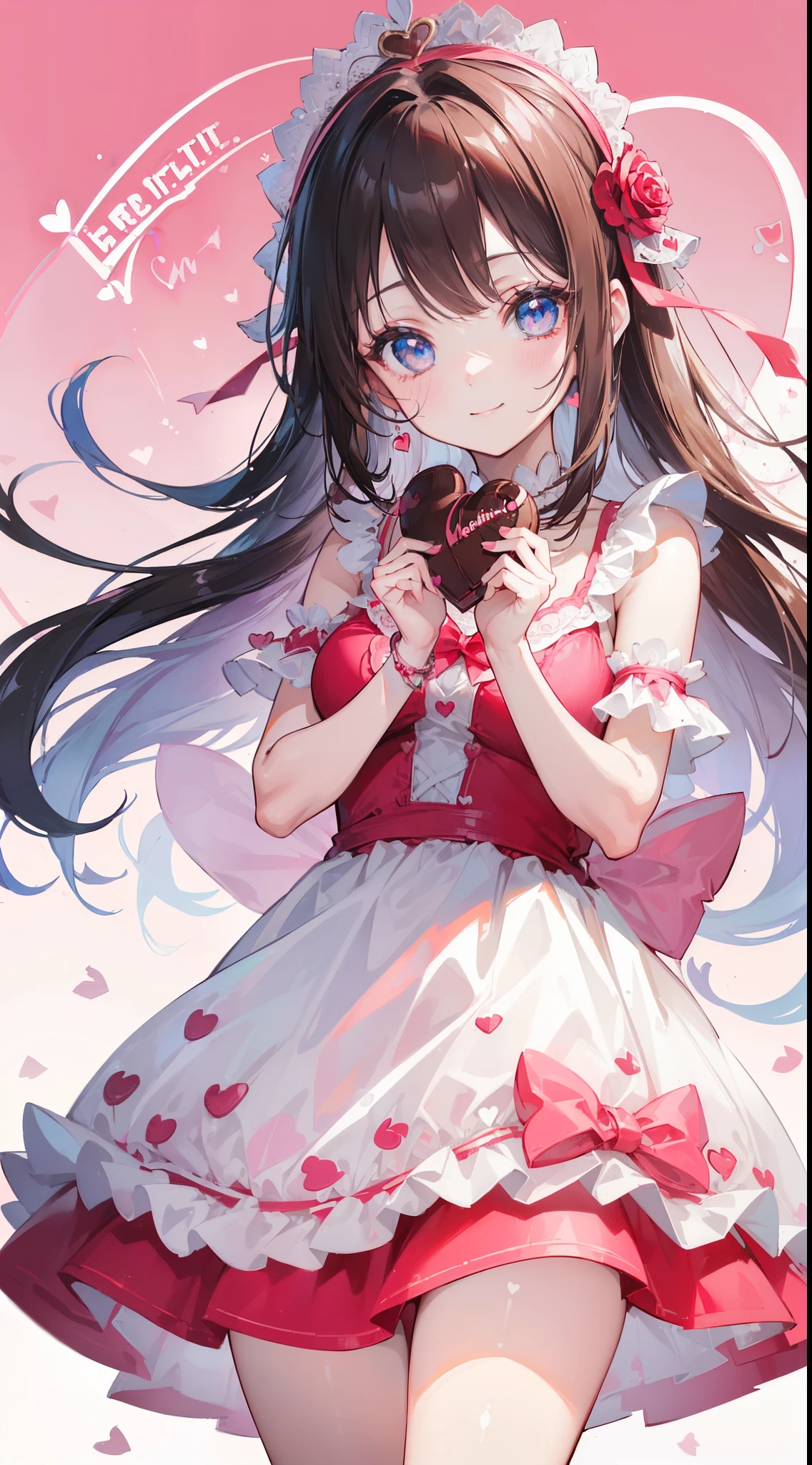 (((32k))), (((heart background))), (((Pretty girl))), (((cute girl))), (beautiful quality eyes), (cute smile), (((dress))), (valentine), ((holding heart chocolate)),
