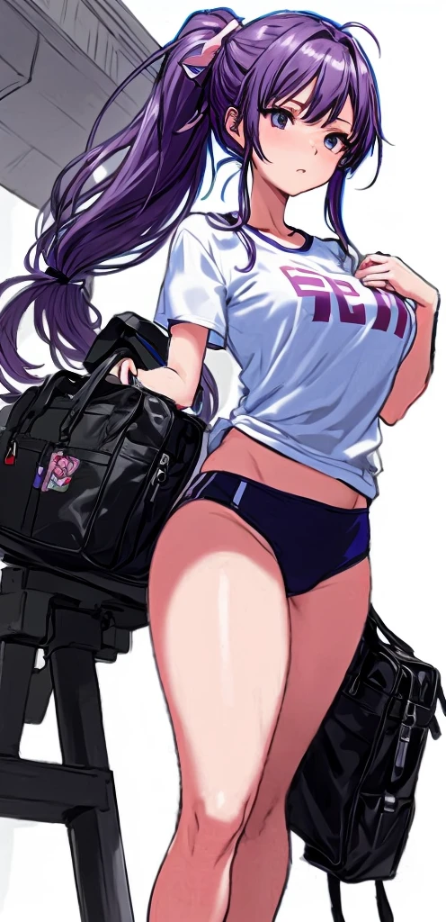 A beautiful woman with a mature face and long wisteria-purple hair tied in a ponytail with a pale pink ribbon.。White gym clothes。Navy blue bloomers shaped like panties。school playground。