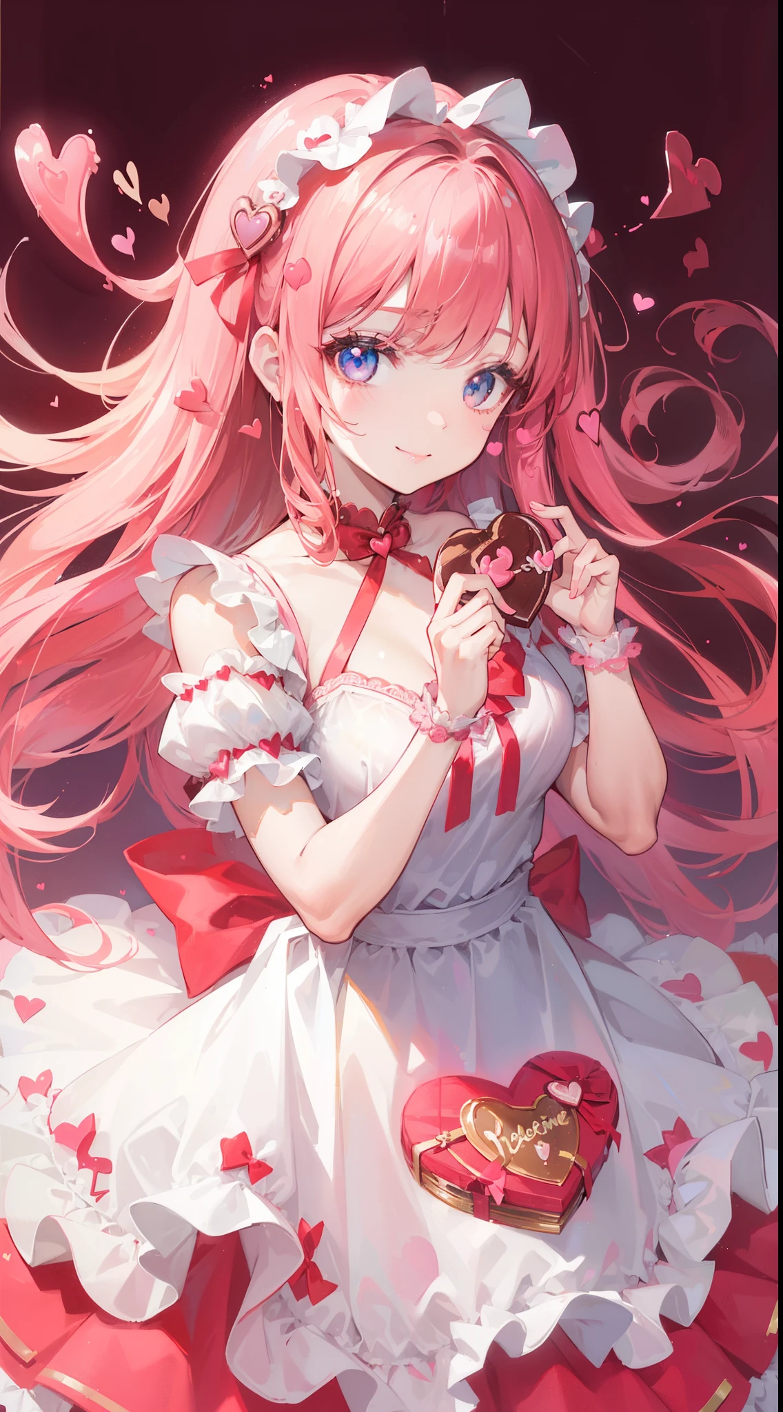 (((32k))), (((heart background))), (((Pretty girl))), (((cute girl))), (beautiful quality eyes), (cute smile), (((dress))), (valentine), ((holding heart chocolate)), 