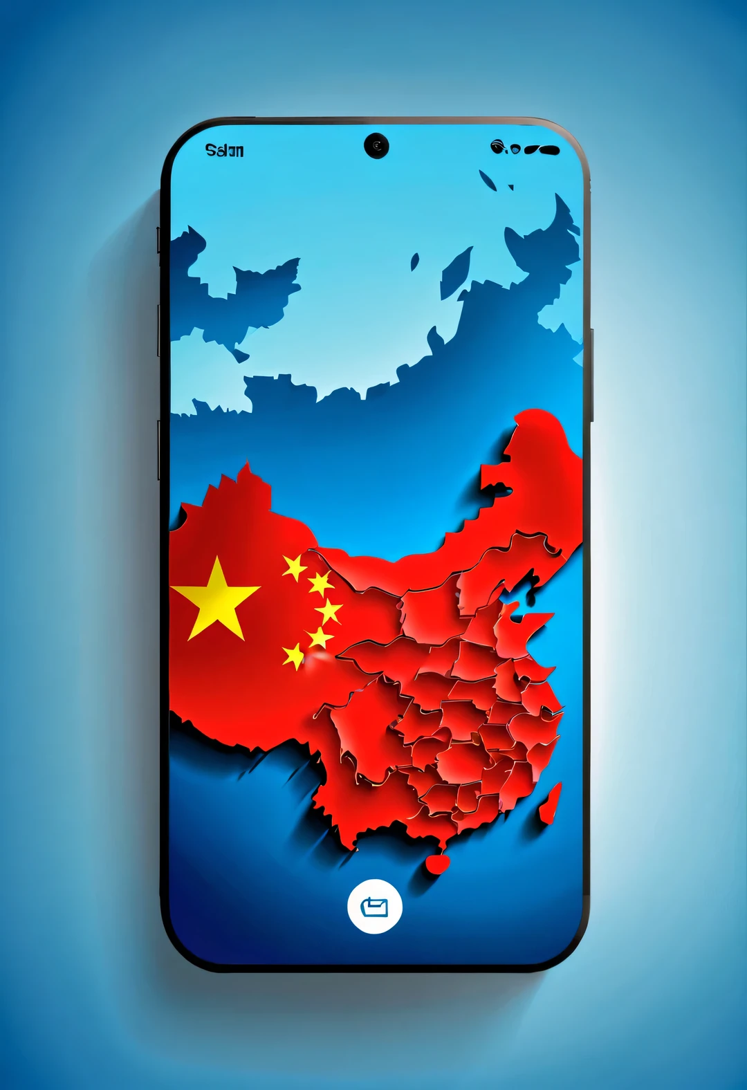 APP icon design style, red mobile wallpaper，（Huge 3D map of China on mobile phone：1.2），background：Blue flat blue world map silhouette