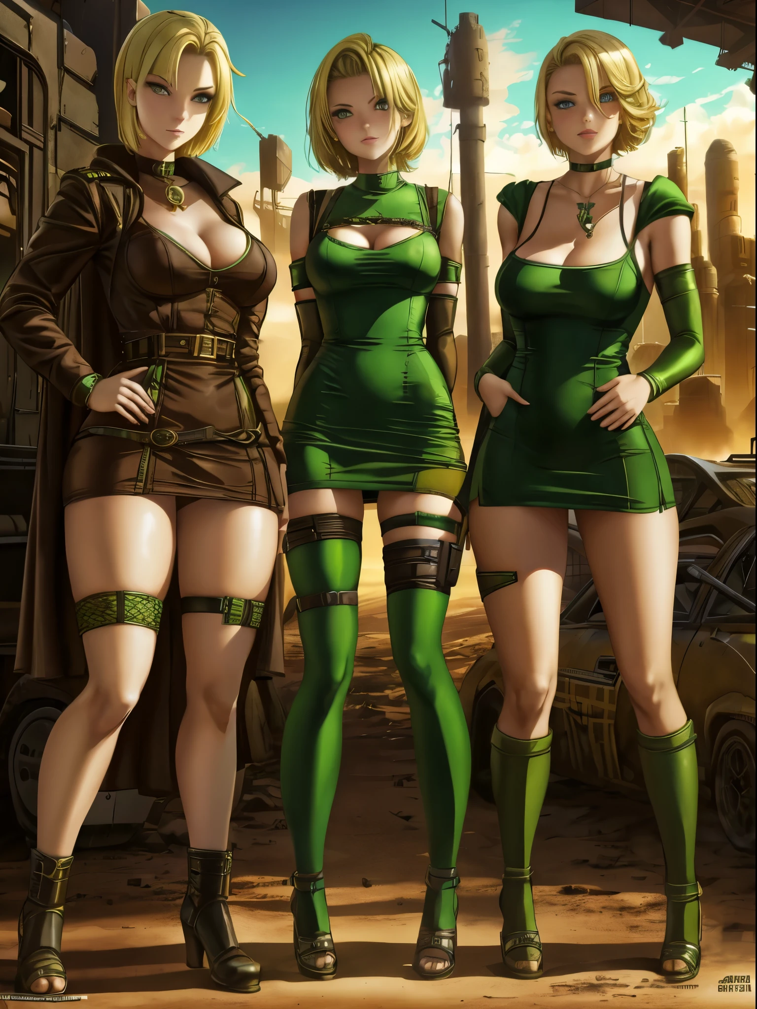 19-year-old Russian women, 2girls, lesbians, fair skin, short blonde hair, dressed in a green minidress, clubbing outfit, apocalyptic wasteland, daytime, good lighting, desert, rusted hulks