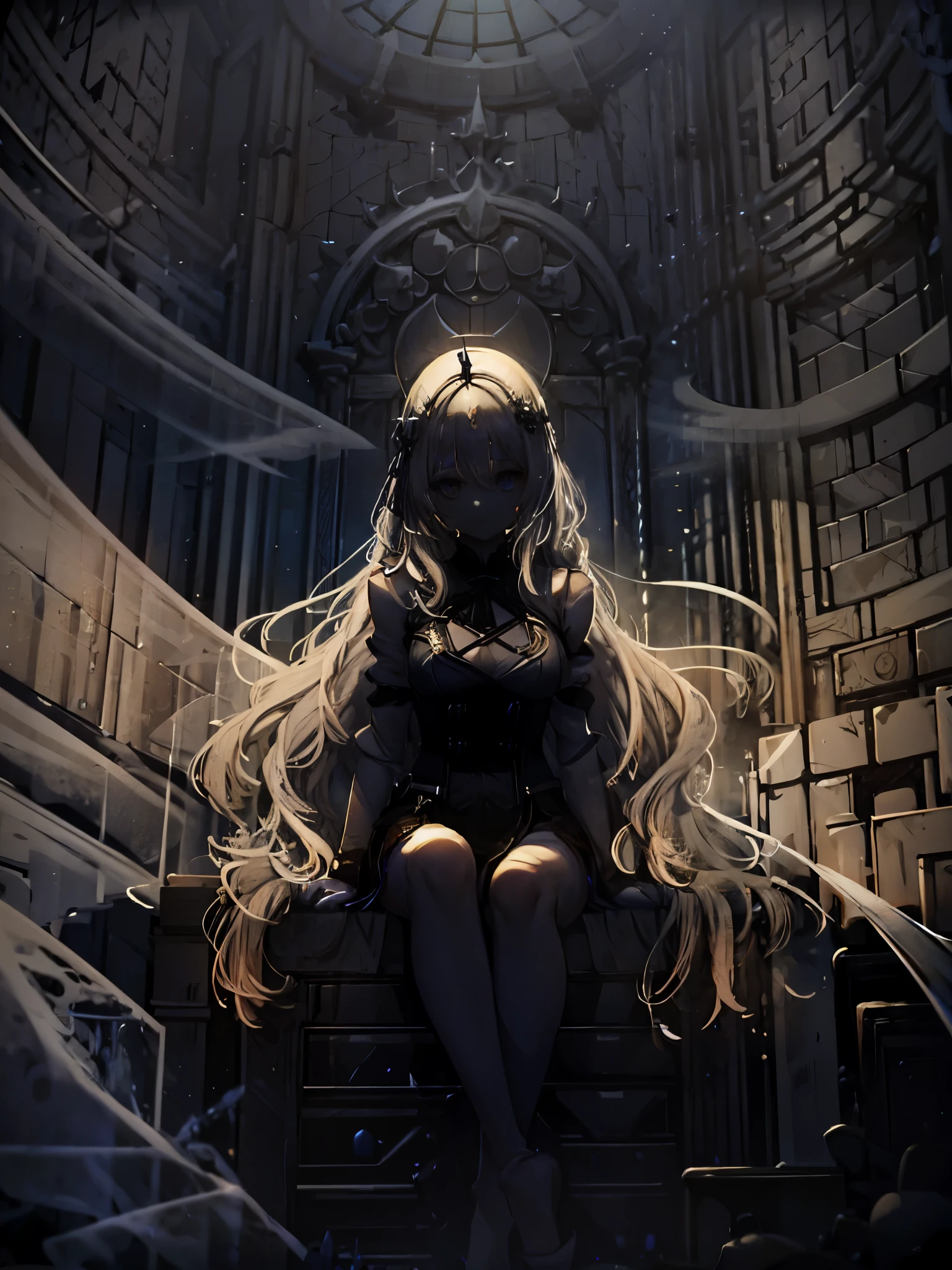 white haired woman　very long hair、sitting down　Light is shining from above　inside the white castle　transparent　glass　