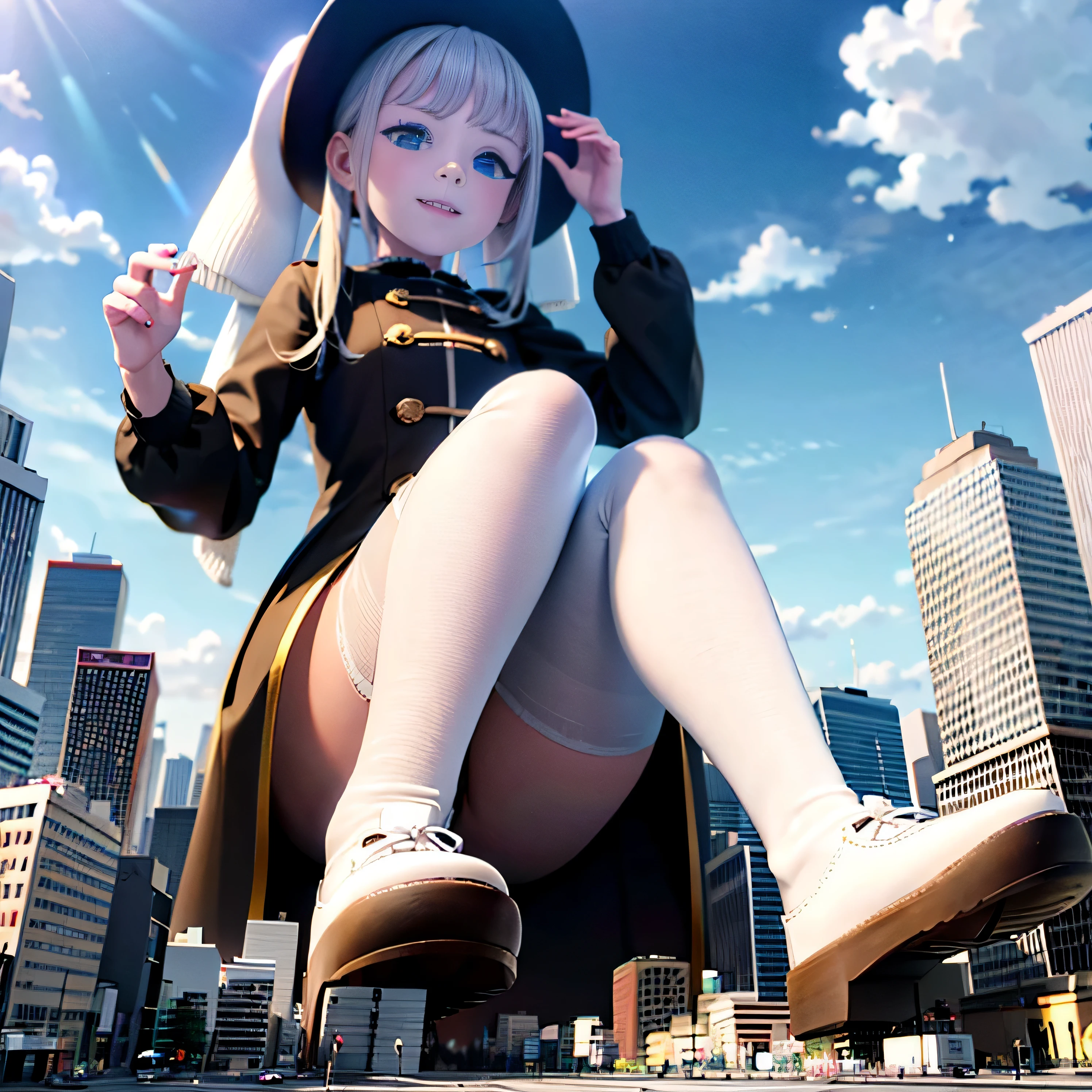 女huge art, Cute little ,Exquisite facial features,12 yhly detailed 女huge shot, huge, white hair, 比摩天大楼还大的女huge, very small metropolis, Trying to destroy a miniature metropolis, full body depiction, governor, giga 女huge, 女huge, white pantyhose, sports shoes ,stomping city,Collapsed cities,small city,micro city,