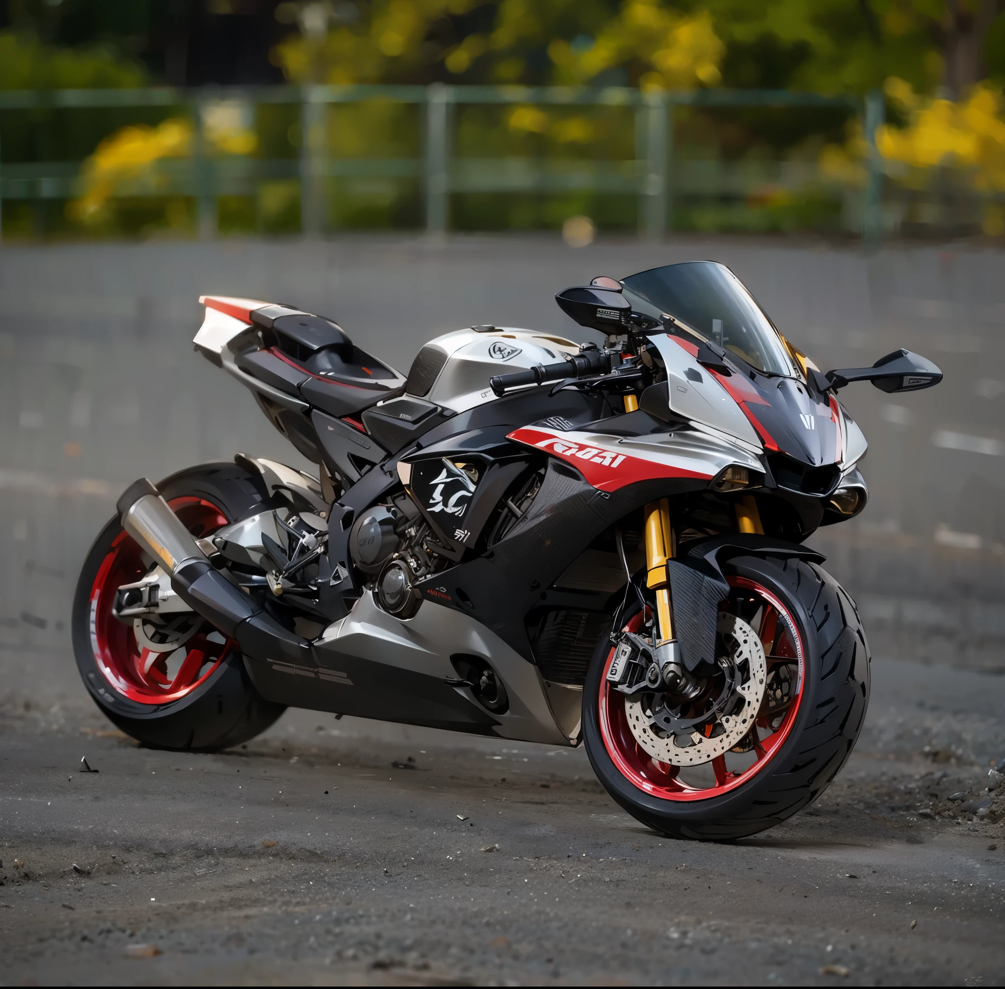 arafed motorcycle parked in a parking lot with a fence in the background, R6, motorcycle, motorcycles, Chromium and carbon, it has a red and black paint, With smooth lines and powerful strength, Carlo Martini, futuristic motorcycle, chrome motorcycle parts, victory, Photographed, Silver, gold and red details, RB 6 s, RB6S, yoshimura exhaust