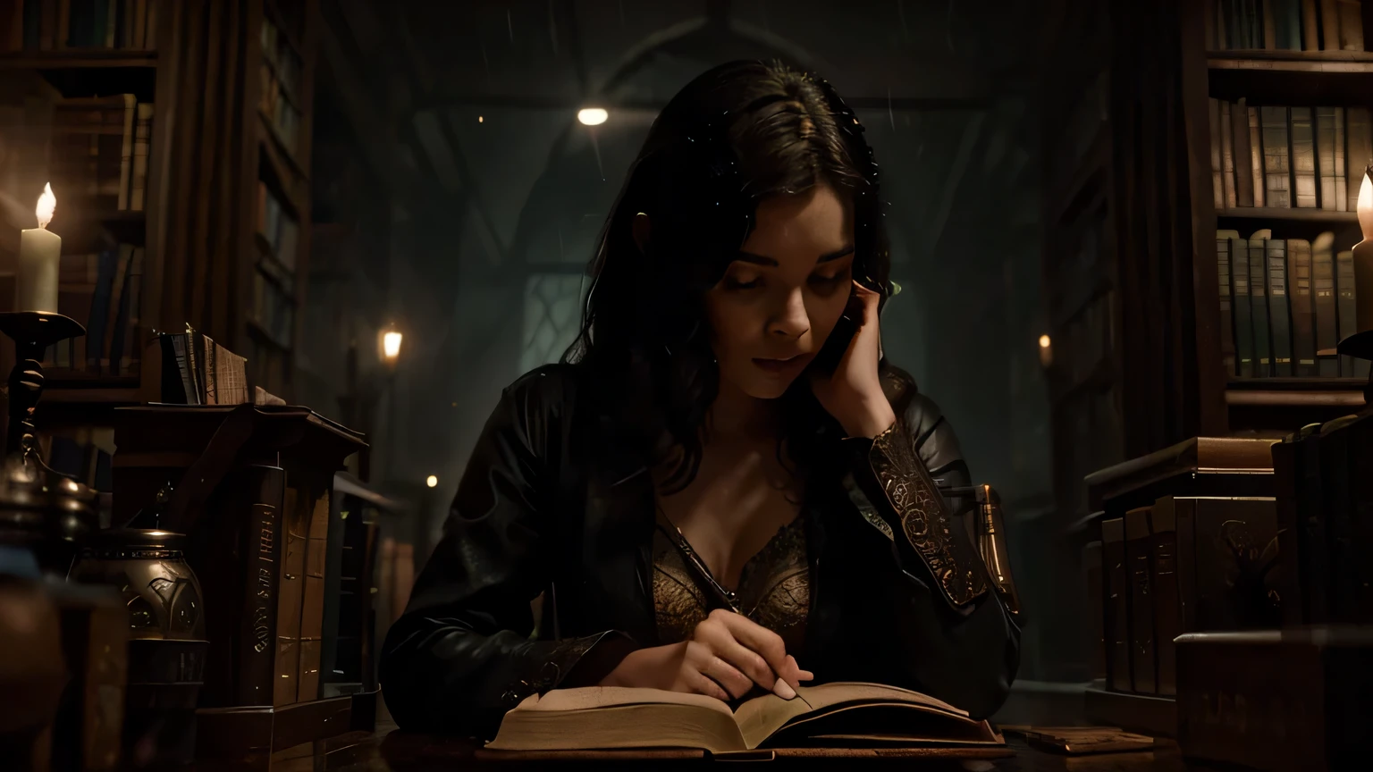 Elara deciphering the prophecy in a dimly lit library, surrounded by ancient tomes, fantasy story, fantasy style, cinematic, detailed, 8k, sharp focus, dark fantasy style, at evening during rain, beautiful and aesthetic, photography, cinematic, 8k, high detailed