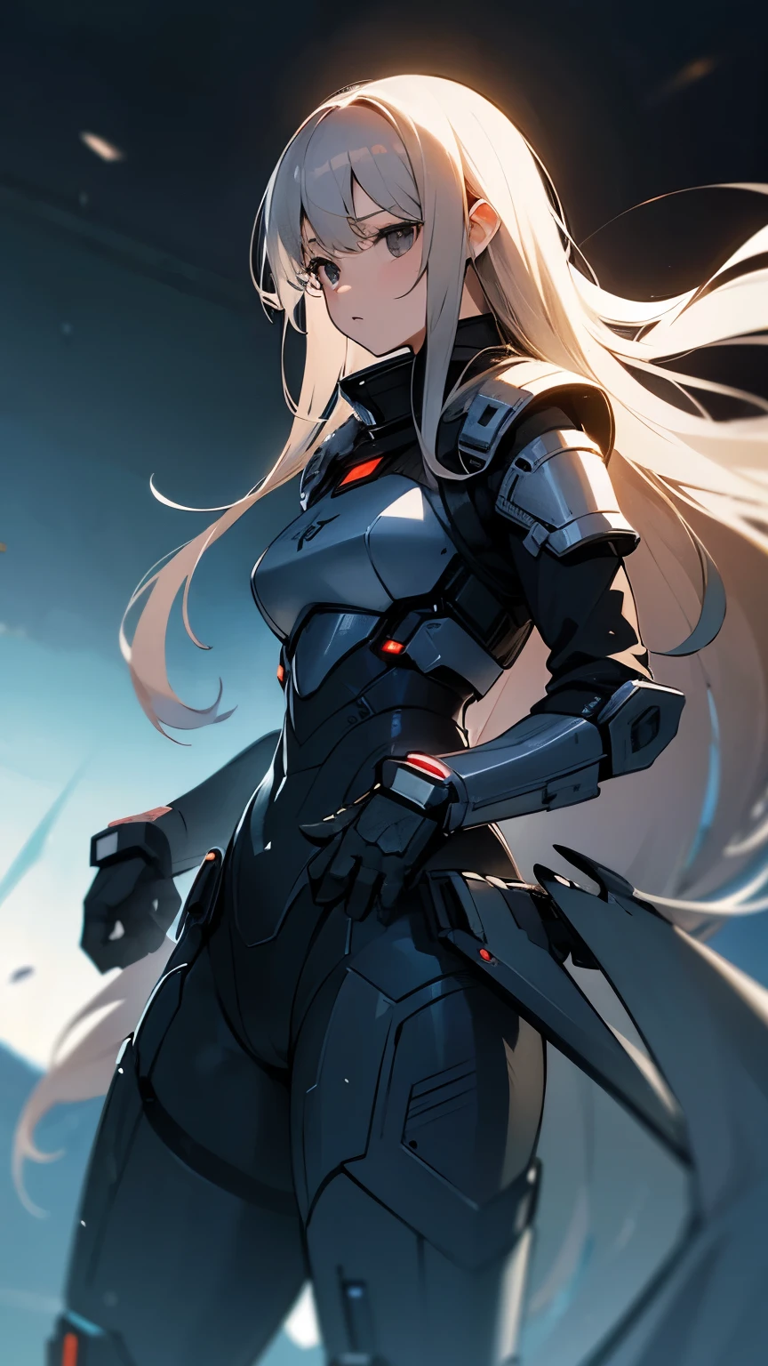 Big black eyes, aura, light brown wavy long hair, black and blue sci-fi armor, sci-fi style, high quality, atmosphere, war,big