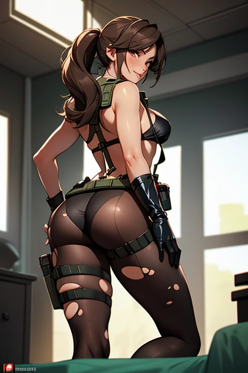 (masterpiece, best quality:1.2), quiet (metal gear), 1girl, pantyhose, torn pantyhose, solo, torn clothes, suspenders, front-tie top, front-tie bikini top, bikini, brown hair, swimsuit, breasts, ponytail, gloves, holster, asymmetrical gloves, cleavage, thigh holster, mismatched gloves, large breasts, single elbow glove, navel, elbow gloves, long hair, lips, highleg, highleg bikini, black bikini, looking at viewer, smile, all fours, from behind, bent over, ass, huge ass, indoors, sunlight, window, bed, bed sheet