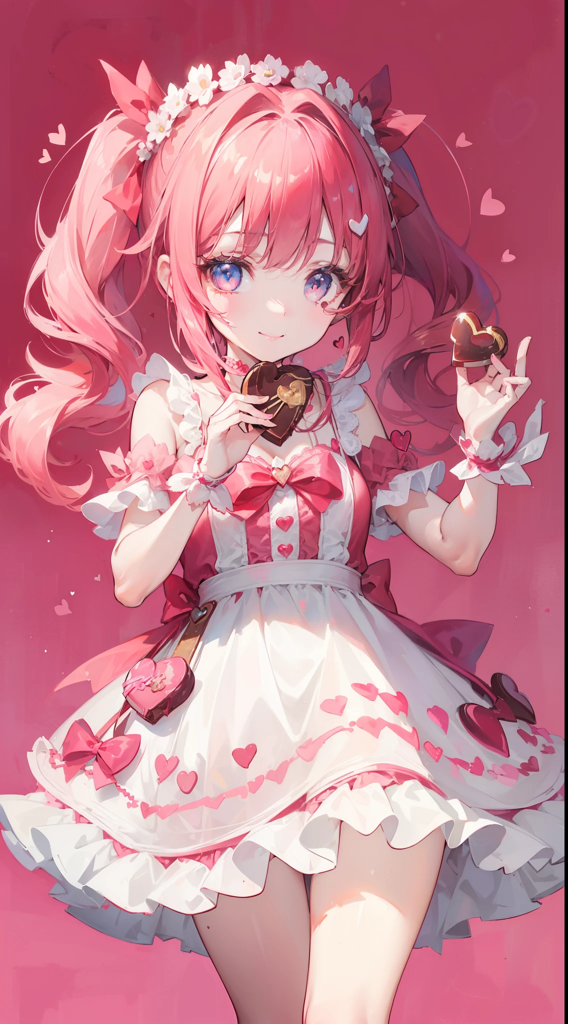 (((32k))), (((heart background))), (((Pretty girl))), (((cute girl))), (beautiful quality eyes), (cute smile), (((dress))), (valentine), ((holding heart chocolate)),