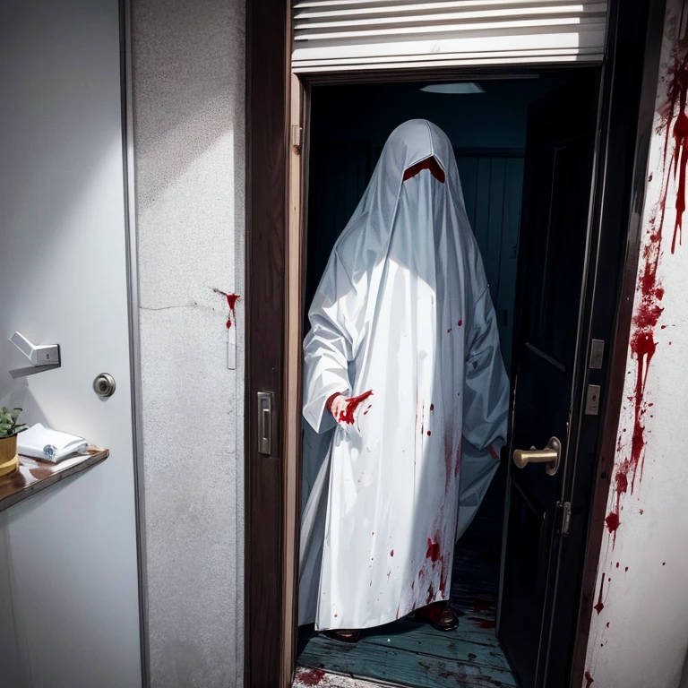 A human-like object wearing a white mask peeks out from the gap in the dark door.。There&#39;s blood splatter on the door。