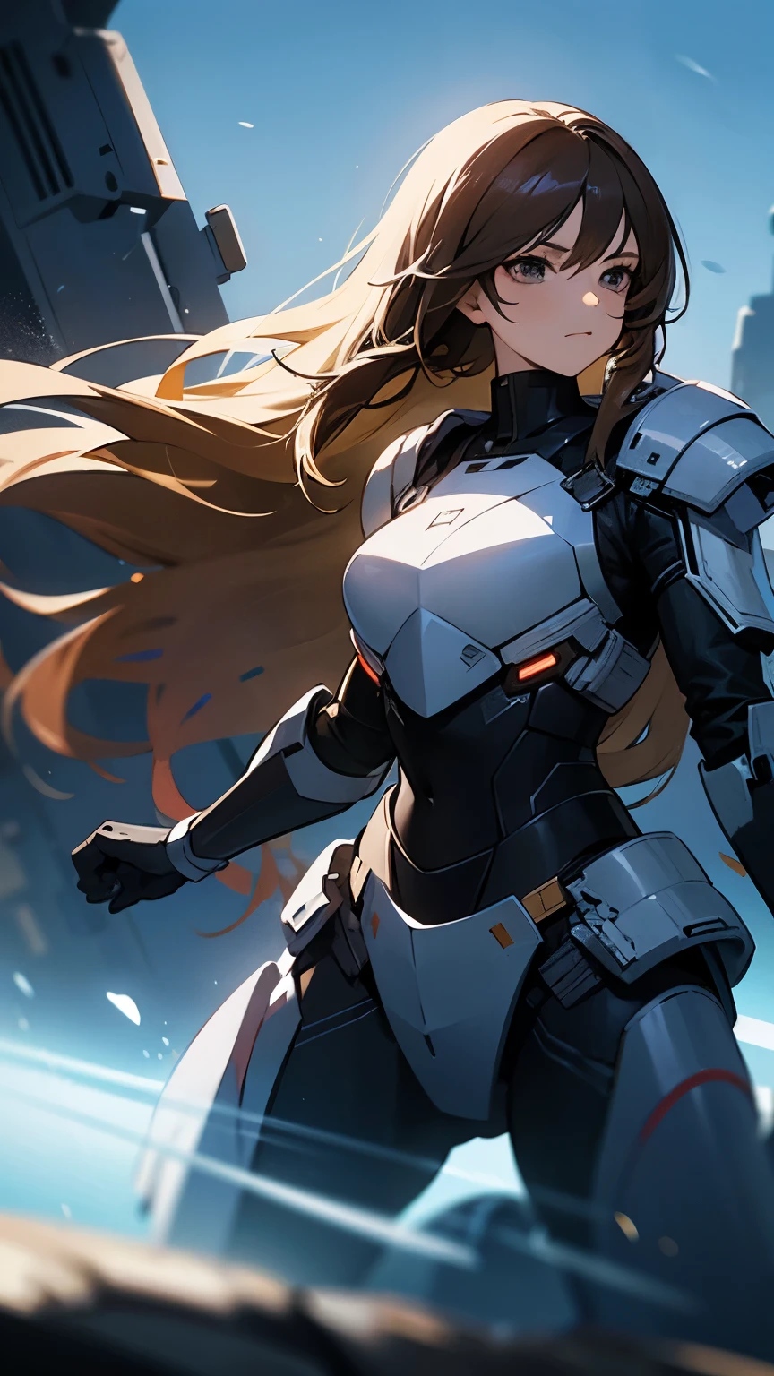 Big black eyes, aura, light brown wavy long hair, black and blue sci-fi armor, sci-fi style, high quality, atmosphere, war,big