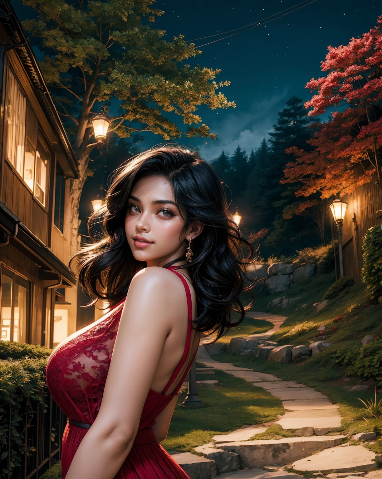 (Background::a stairway leading up to a forest at night, anime background art, anime movie background, anime nature wallpap, anime landscape wallpaper, anime landscape, anime scenery, colorful anime movie background, beatiful backgrounds, anime scenery concept art, background of flowery hill, dream scenery art, anime nature, scenery art detailed, ross tran. scenic background, beautiful anime art style)a woman in a red bra top posing for a picture, attractive feminine curves, indian super model, beautiful curvy female, beautiful woman body, soft curvy shape, curvy model, beautiful shape of face and body, dayanita singh, provocative indian, beautiful sexy woman photo, very sexy woman with black hair, model with attractive body, plus size woman, big chest, hot cleavage, feminine curves beautiful smile, smily face,