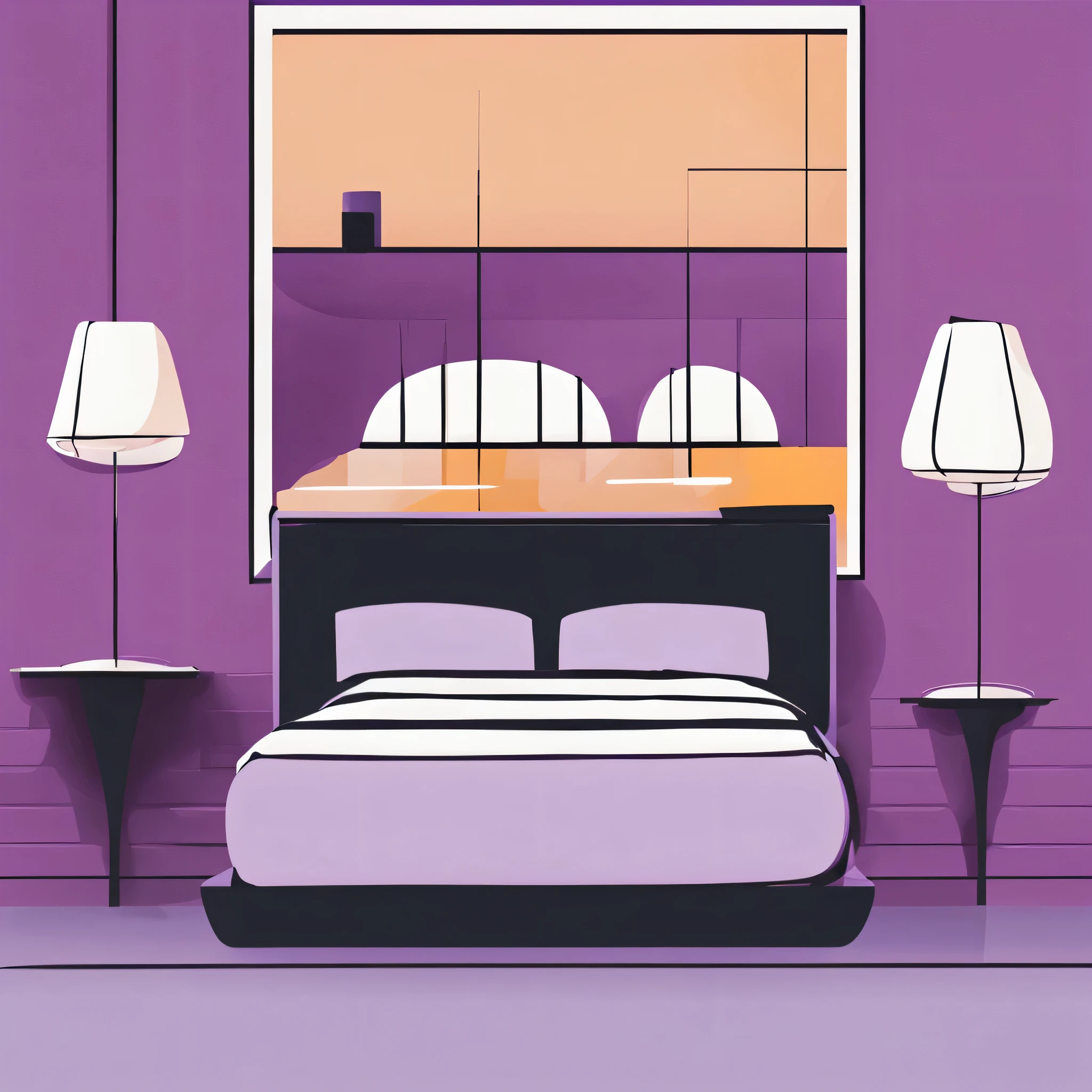 Table de nuit et lit, Minimaliste, arrière plan violet, style dessin moderne pop art
