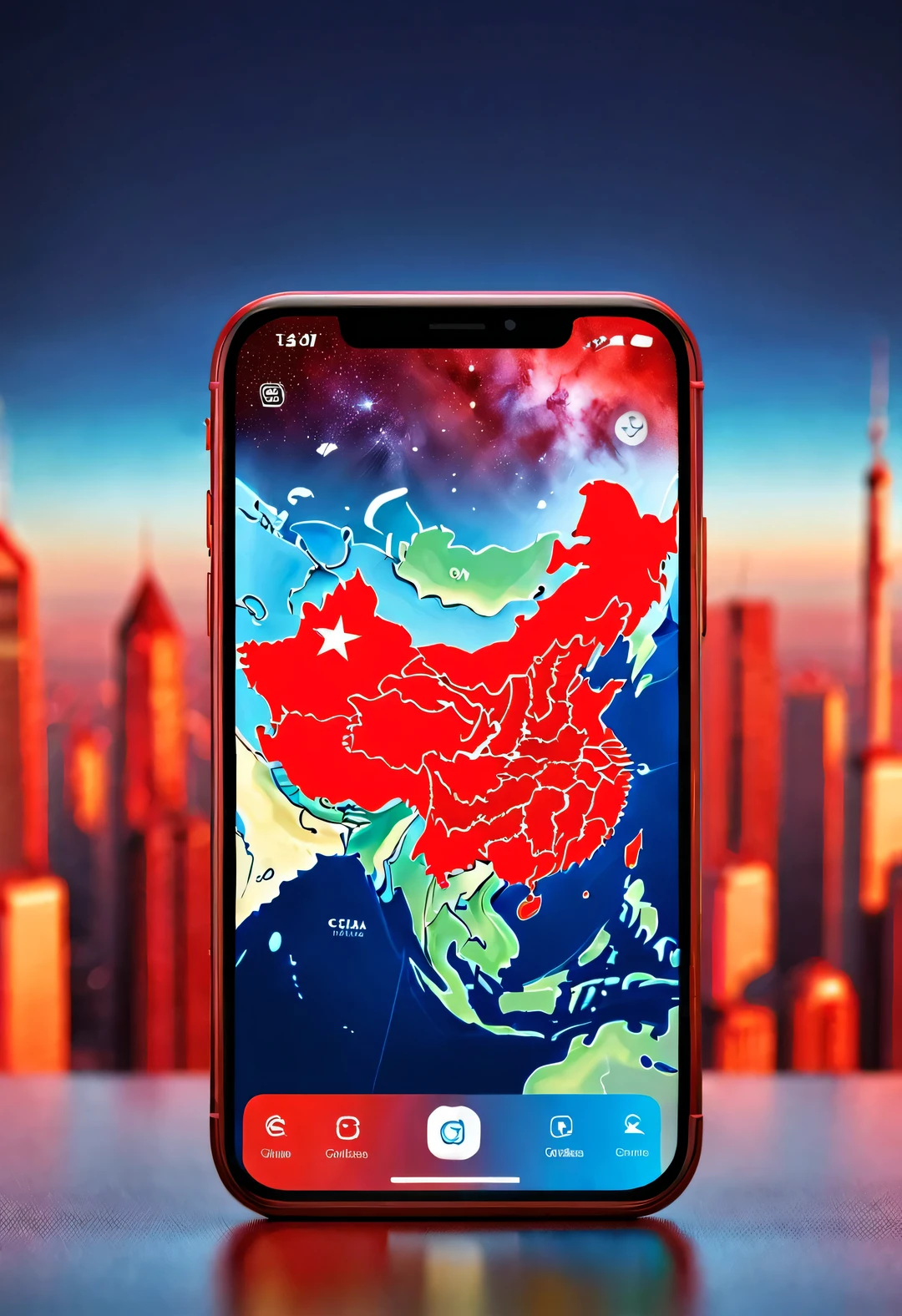 APP icon design style, red mobile wallpaper，（China 3D map），background：Blue universe earth blur photography