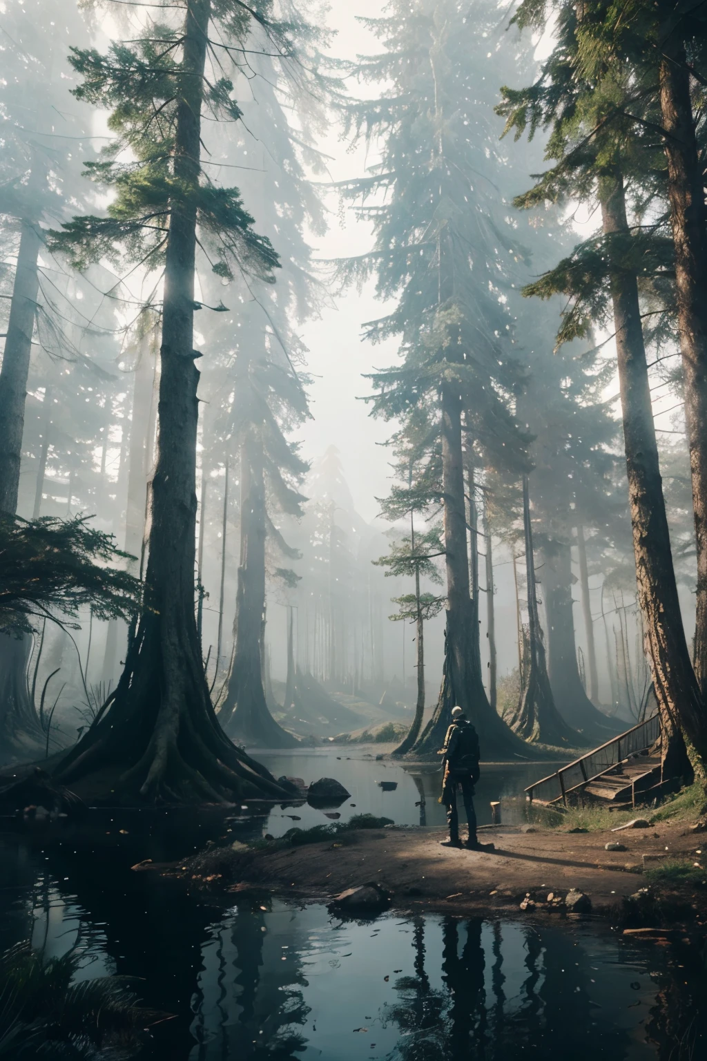 a man standing in the middle of a forest next to a body of water, a matte painting by Mike Winkelmann, cgsociety, fantasy art, #vfxfriday, matte painting, dystopian art