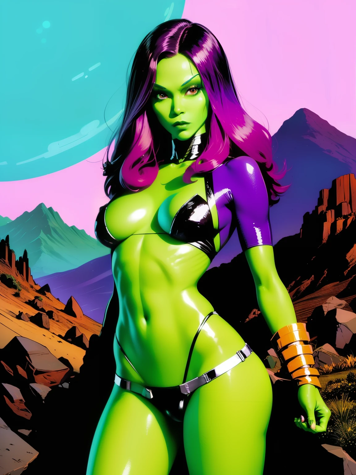 (((COMIC STYLE, CARTOON ART))). ((1 girl)), lonly, solo, ((A comic-style image)) of Gamora, with her as the central figure. She is standing, with her hands holding a sword. She wears a black and purple costume, ((pink anda purple hair)). She has long, straight black hair, (((Hot body, sexy, sensual, camel toes))), ((green skin)) eyes and red lips. She is surrounded by an alien planet, with mountains, rivers and vegetation. She has a determined and confident expression, as if she is ready to fight evil.