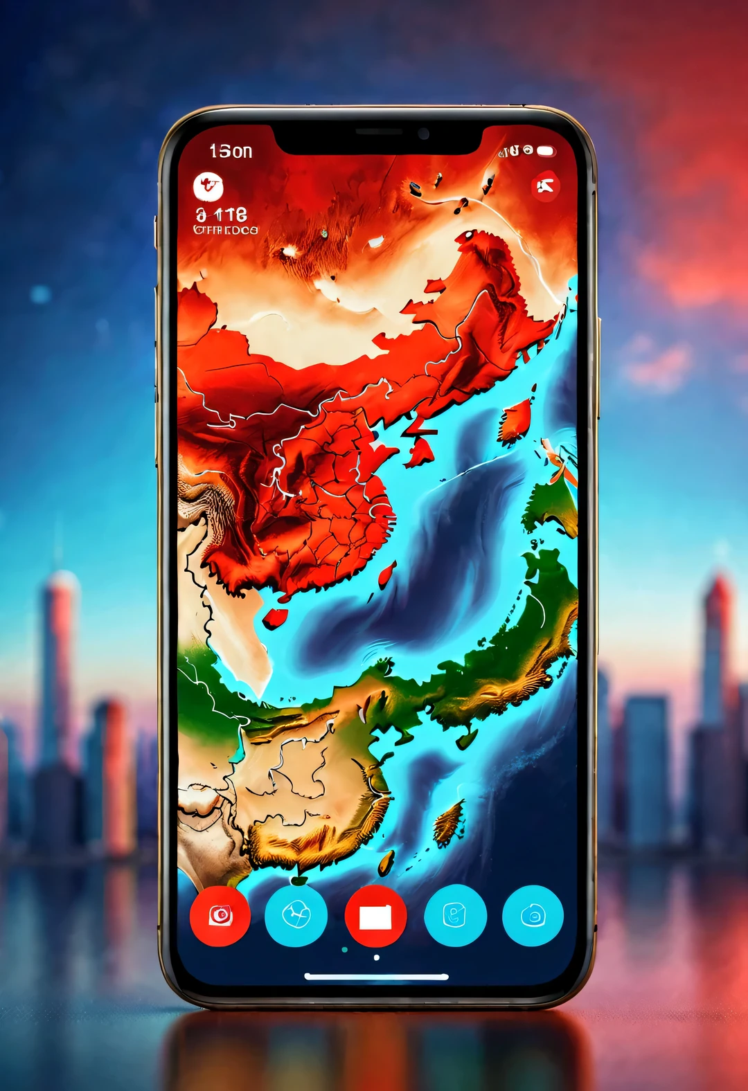 APP icon design style, red mobile wallpaper，（China 3D map），background：Blue universe earth blur photography