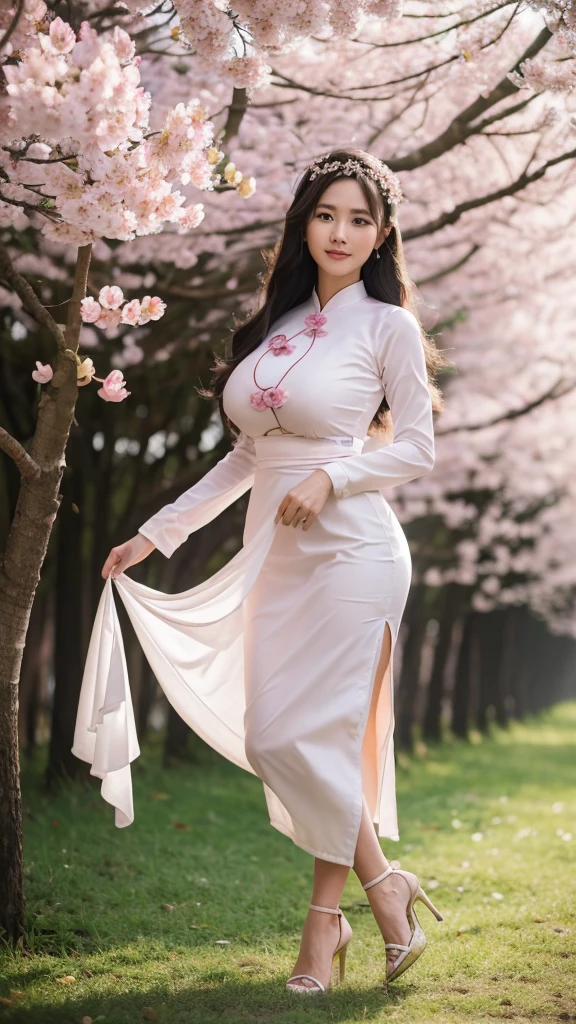 1 person, in the cherry blossom forest, Vietnamese ao dai, holding a lotus flower (light pink), long hair, light breeze, lotus background,Gentle smile, super beautiful face, smooth skin, Ao Dai with the Vietnamese flag under the hem, falling lotus flowers ,Long legs (just enough), Super sharp images, Ultra 8K, Ultra HD,(Full Body),(cute face:1.3),(huge breasts:1.3),(high-heels:1.3),(big hips1.3),(medium thighs:1.3)