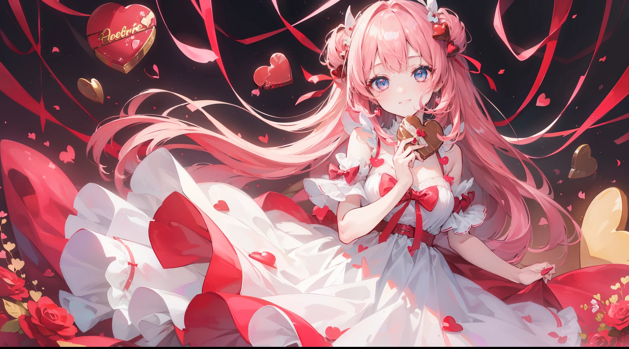 (((32k))), (((32k heart background))), (((Pretty girl))), (((cute girl))), (beautiful quality eyes), (cute smile), (((dress))), (valentine), ((holding heart chocolate)), 