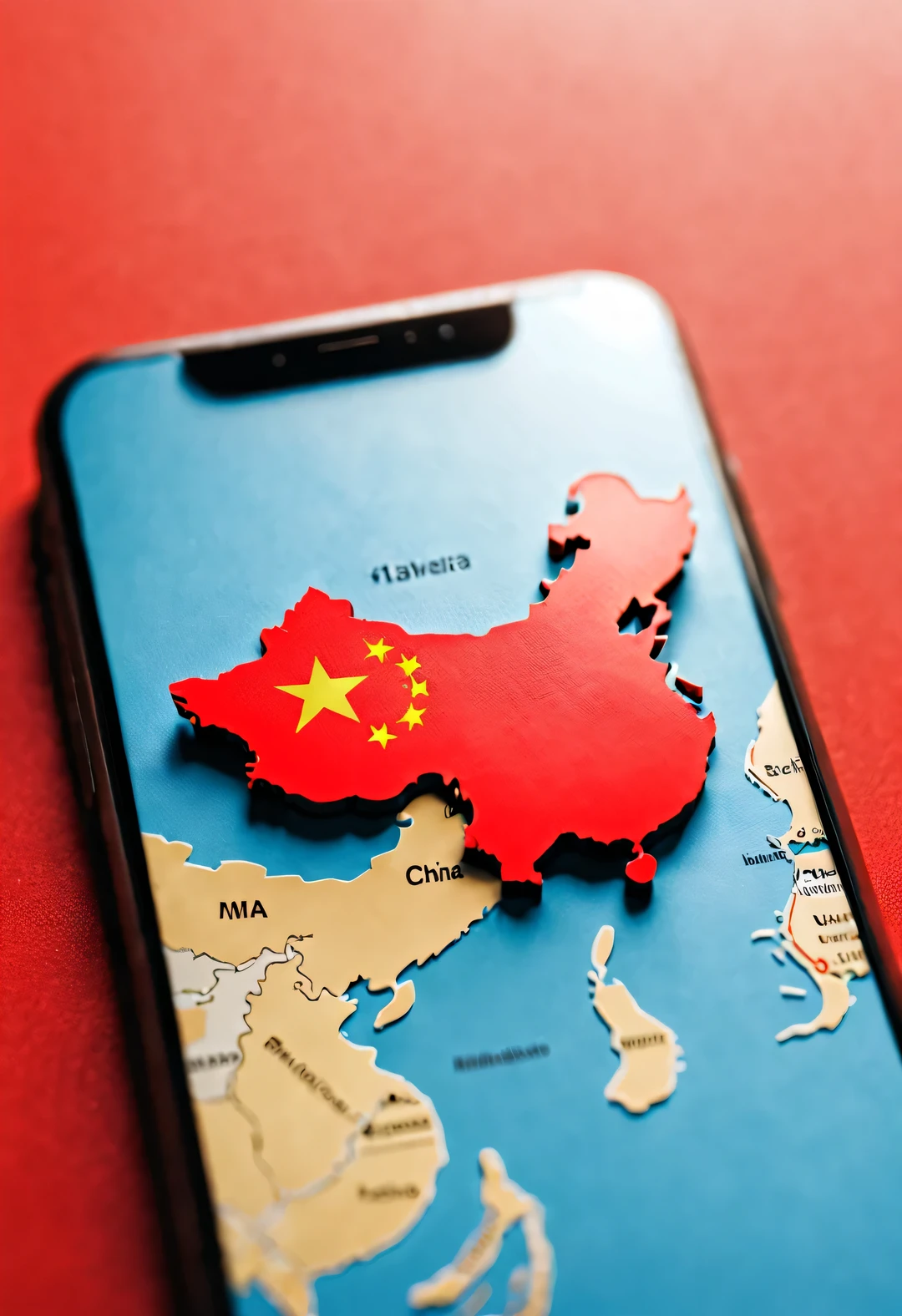 APP icon design style, red mobile wallpaper，（China 3D map），background：Blurred flat blue world map outline