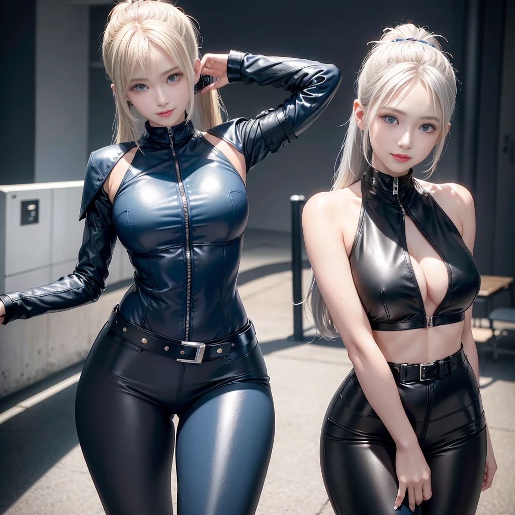 ta, smile, 20-year-old, ((highest quality)), ((masterpiece)), (High resolution:1.3), 3D, beautiful (cyber punk:1.3), stylish woman looking at camera black leather clothes, No sleeve, embarrassing, waist skin invisible, blue black leather pants, silver zipper,Belt under the waist,super fine illustration,blonde , Show your forehead, silver center zipper, Leather Blue Black Bodysuit, sleeve blue black, shiny, blonde hair ponytail