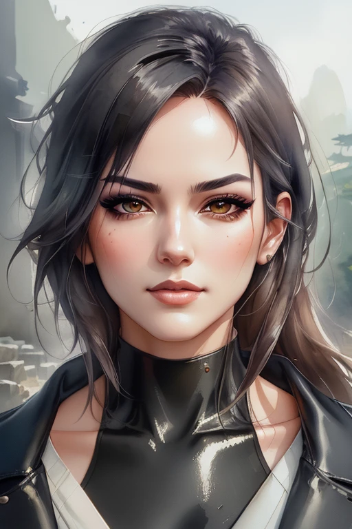 mj, RTX, 4k, HDR, close-up, watercolor, portrait, ((masterpiece)),((best quality)), watercolor drawing, face of a stylish goth girl, edgy atmosphere, dark, mascara, eyeliner, dark cheeks , round eyes, dimples, smoky eye makeup, defined jawline, skin pores, shiny skin, grain, harsh flash lighting, sepia tone, realistic skin texture, style by Makoto Shinkai, Jamie Wyeth, James Gillard, Edward Hopper, Greg Rutkowski Studio Ghibli Genshin Impact
