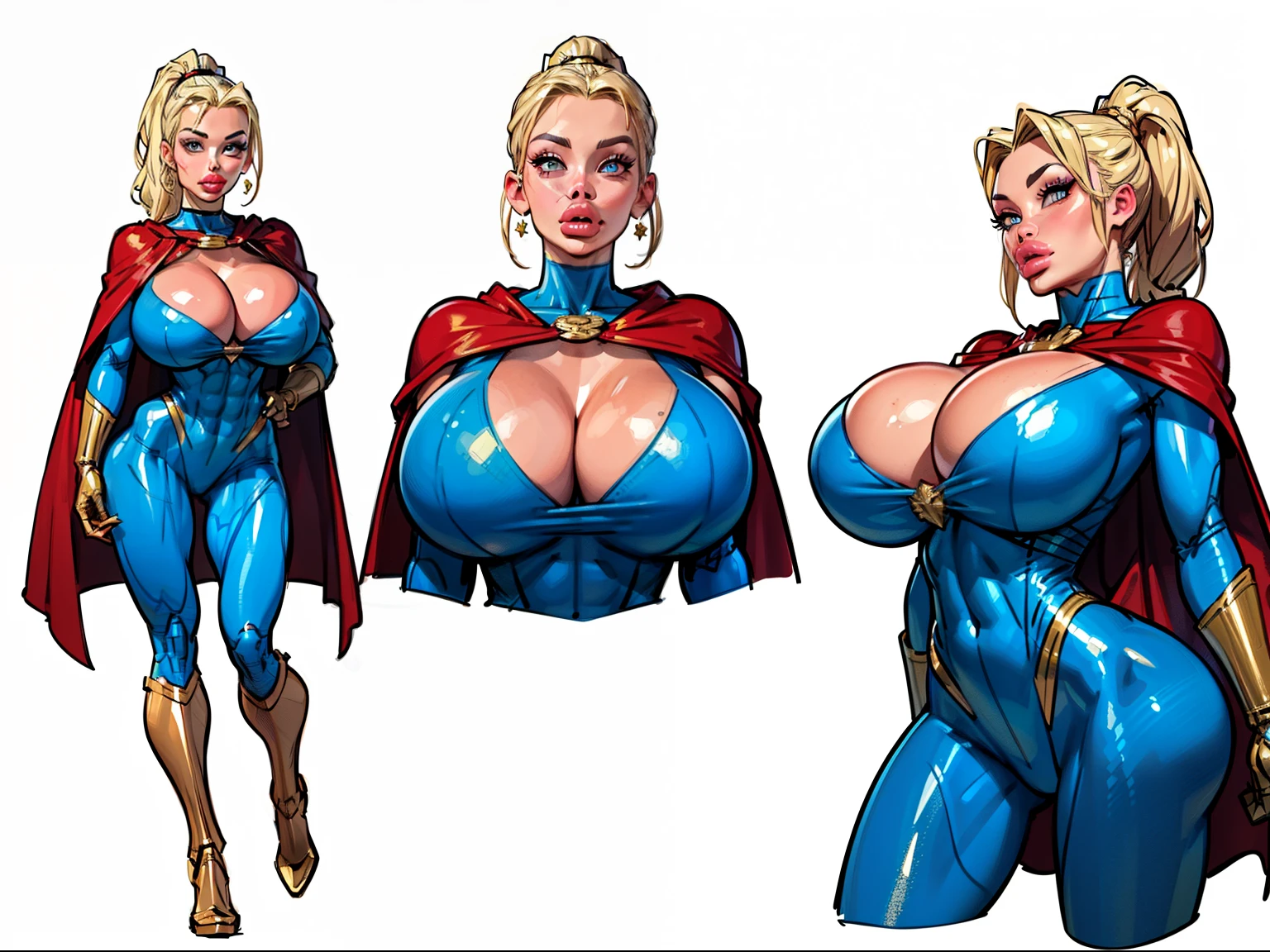 ((masterpiece)),(((best quality))),((character design sheet)), ((full body view)) illustration,1girl, muscular, ((blue bodysuit:1.5)), superhero, (blonde ponytail:1.4), (red cape:1.4) ((detailed face:1.4)) ((slendered abs)), gold gloves, (gigantic breasts:1.2), ((cleavage)), gold boots, beautiful woman, (gold thighhighs:1.3)shiny skin, (gold emblem on chest:1.2),scribbles and marks, (puffy lips:1.5), rough sketches, pose, 8k,16k, (simple background, white background: 1.3)