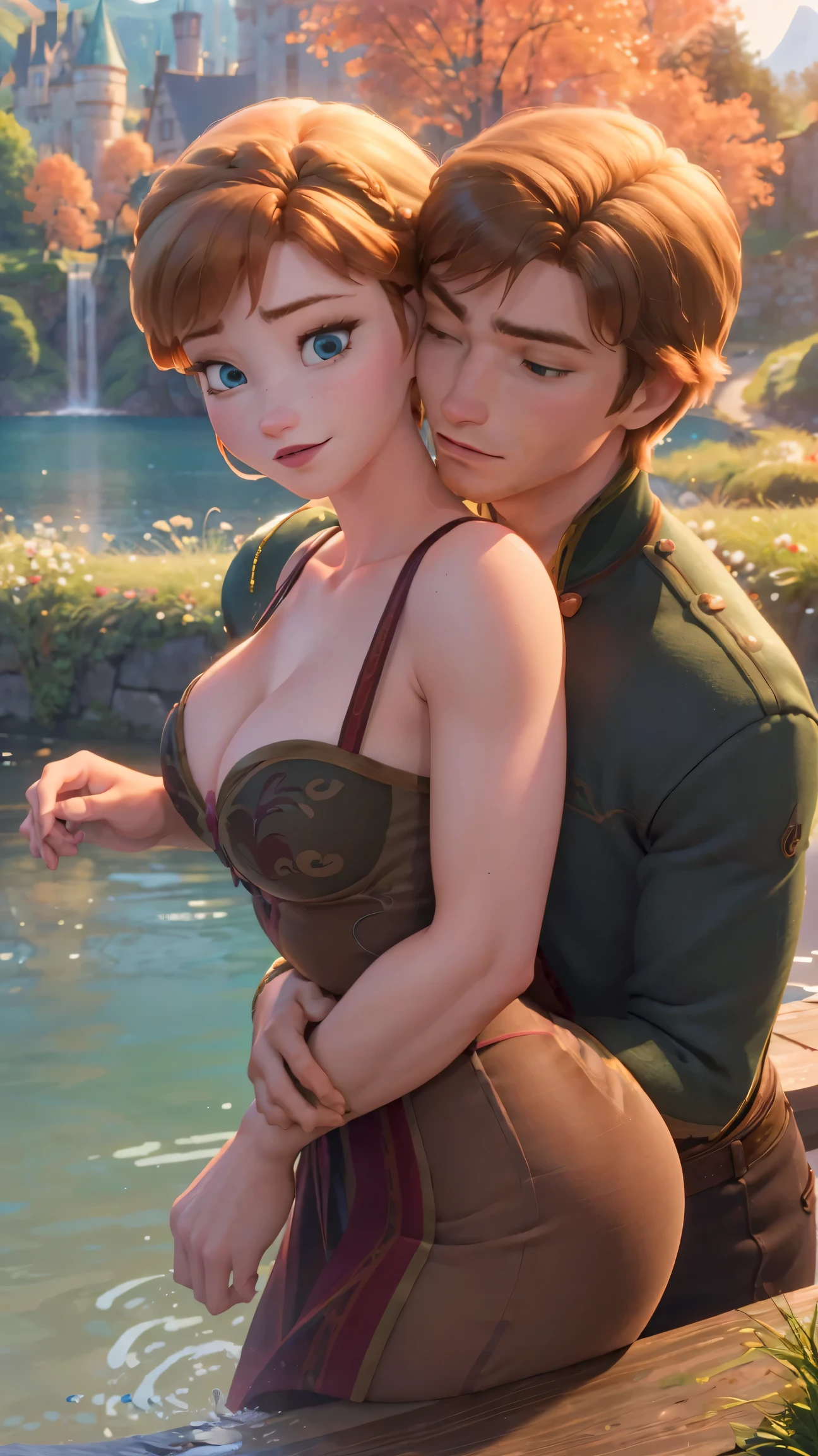 (masterpiece:1.4), (best qualit:1.4), (high resolution:1.4), Anna of arendelle and muscular man, couple, breasts exposed, man's hands grabbing Anna's breasts from behind, hugging, romance novel cover romantic, lake, huge breasts, cleavage, forest, castle in background