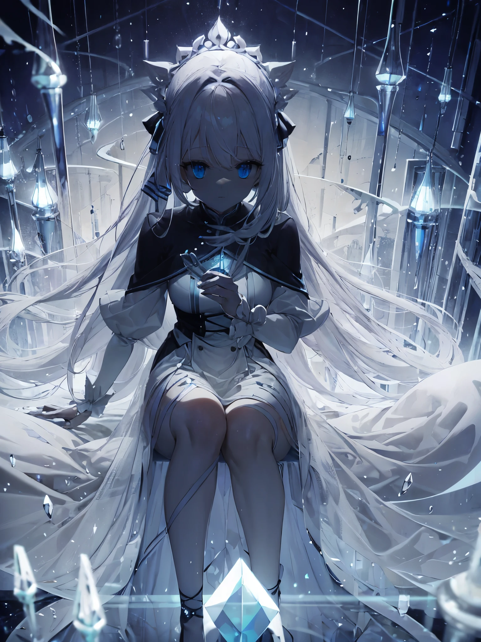 white haired woman very long hair、sitting down Light is shining from above inside the white castle transparent glass BLUE