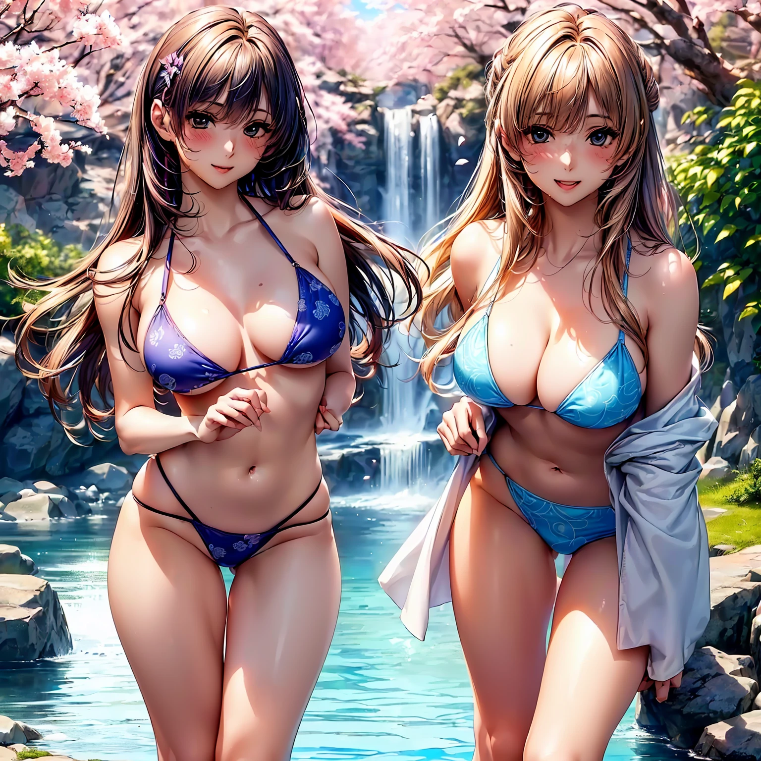 (((highest quality,masterpiece,very high resolution,Super high quality,perfect pixel))), (((Exquisite beauty:1 person,perfect body,Beautiful face is detailed, blush、cute face、beautiful outline、smile, open your mouth))),((long hair, neat bangs, beautiful hair texture)),((Beautiful slit eyes,beautiful eyes,strong-willed eyes, beautiful eyelashes, realistic eyes)), ((beautiful breasts,beautiful feet)),((Cute bikini swimsuit:color and pattern,Elegant bikini swimsuit:color and pattern)),(realistic skin texture,realistic texture:,RAW photo,Anime CG style, Bright colors), (model pose, model shoot), (Beautiful waterfront,There is a waterfall,Cherry tree, Cherry blossoms fall,the wind is blowing,beautiful scenery),(whole body,I can see my thighs,accurate anatomy、highly detailed images、accurate image、perfect image,Image without defects、natural soft light、beautiful images:1.5)、beautiful anime woman, beautiful art style, anime character、(Best Shot 1.5)