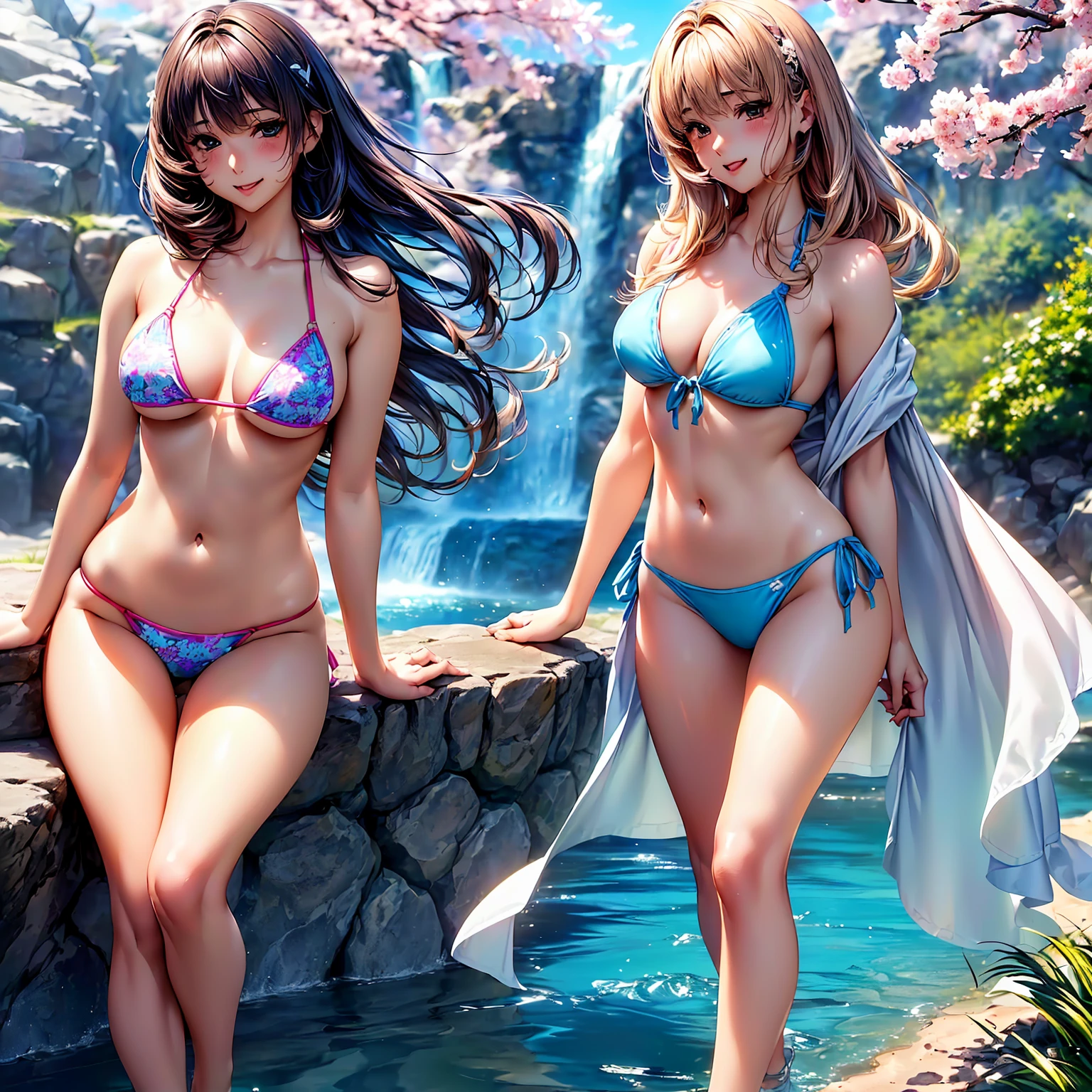 (((highest quality,masterpiece,very high resolution,Super high quality,perfect pixel))), (((Exquisite beauty:1 person,perfect body,Beautiful face is detailed, blush、cute face、beautiful outline、smile, open your mouth))),((long hair, neat bangs, beautiful hair texture)),((Beautiful slit eyes,beautiful eyes,strong-willed eyes, beautiful eyelashes, realistic eyes)), ((beautiful breasts,beautiful feet)),((Cute bikini swimsuit:color and pattern,Elegant bikini swimsuit:color and pattern)),(realistic skin texture,realistic texture:,RAW photo,Anime CG style, Bright colors), (model pose, model shoot), (Beautiful waterfront,There is a waterfall,Cherry tree, Cherry blossoms fall,the wind is blowing,beautiful scenery),(whole body,I can see my thighs,accurate anatomy、highly detailed images、accurate image、perfect image,Image without defects、natural soft light、beautiful images:1.5)、beautiful anime woman, beautiful art style, anime character、(Best Shot 1.5)