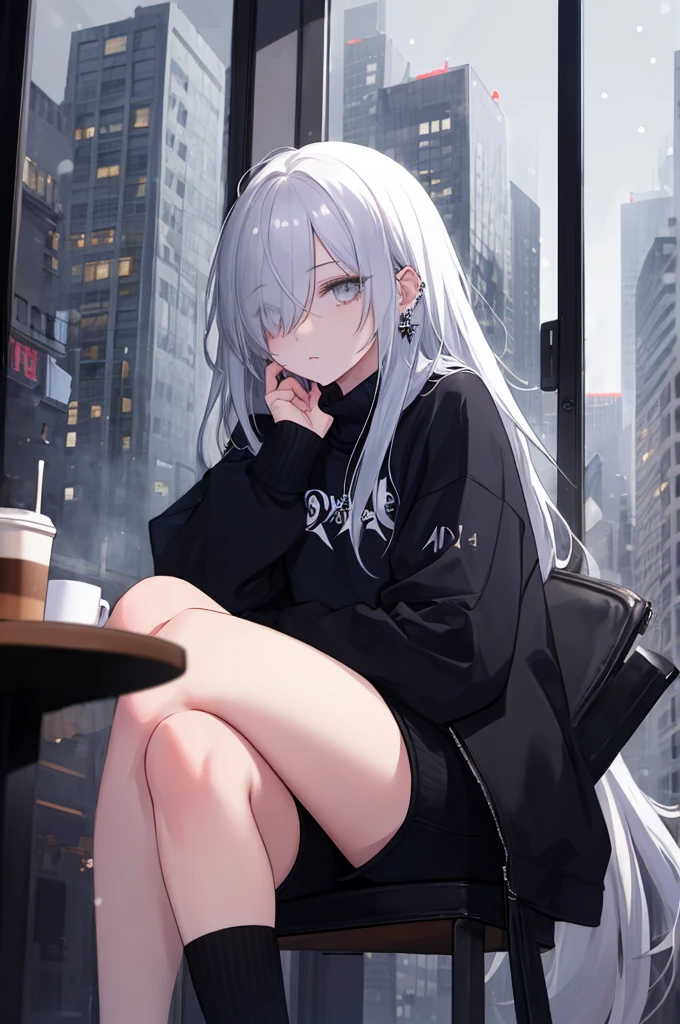 ((masterpiece:1.4, best quality:1.2)), 1girl, solo focus, beautiful skin, white sweatshirt, long white hair, grey eyes, black legwear, sitting, earrings, piercing, coffee shop window, night, snowing, cityscape, tall female, beautiful and delicate female, comfy ambience, {correct posing}, {detailed background}, a miniskirt, hair over one eye