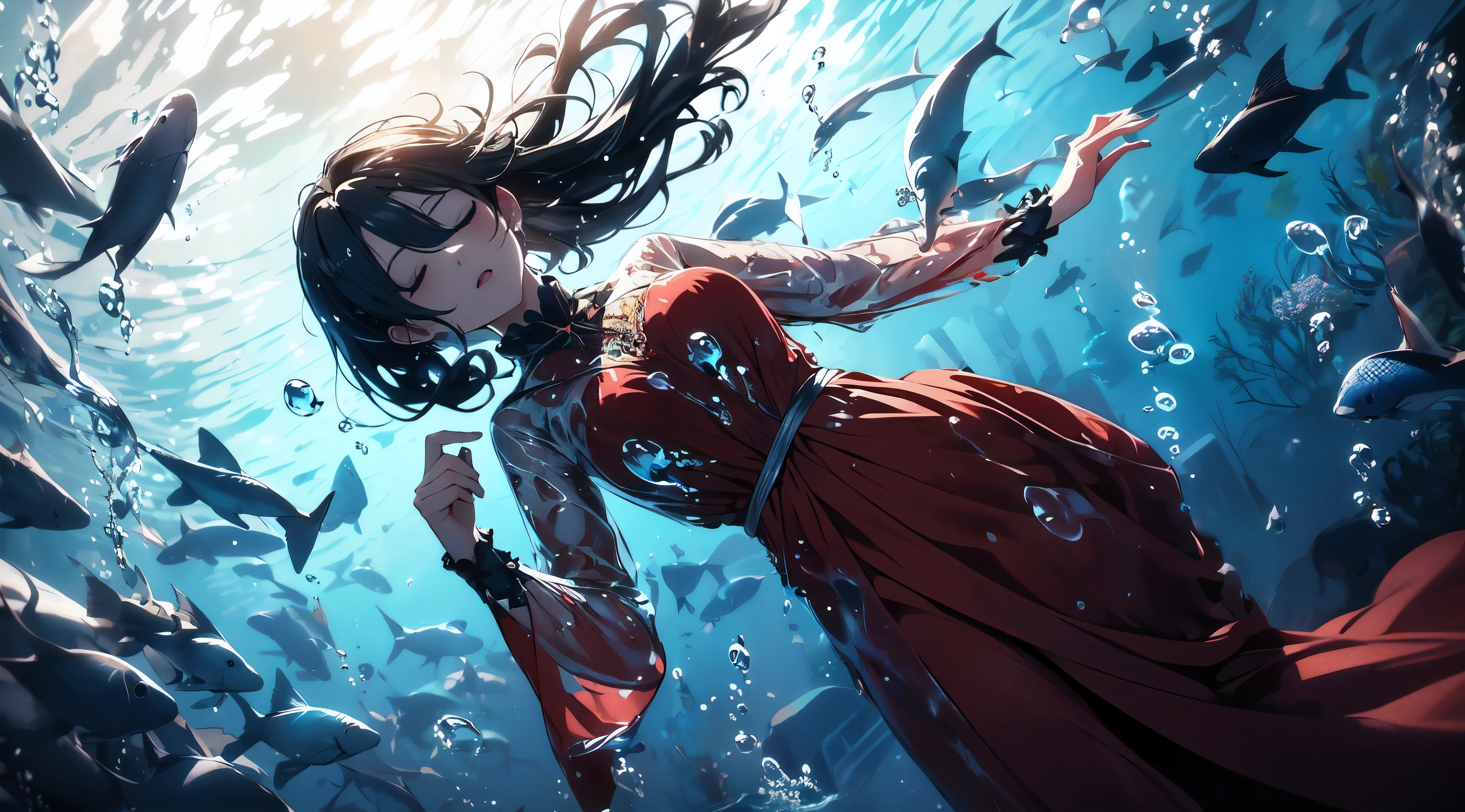 Throw,wallpaper anime blue water, Beautiful fantasy anime, Close-up fantasy of water magic, high definition anime art, Beautiful anime artwork, A beautiful artistic illustration, Beautiful anime art, anime fantasy artwork, HD anime wallpaper, ultra HD anime wallpaper, anime art wallpaper 4k, anime art wallpaper 4k, HD anime wallpaper,(from above, panoramic, view),((best quality)), ((masterpiece)), (detailed),(dynamic view),1 girl in (((wet clothes)),((close eyes)), ((Sleepy)), (wet),(wet body),patient expression,transparent,[skirt],((((wet translucent beauty red skirt with detailed pattern, very long skirt, very large skirt, very large sleeve)), The best decoration, The best wrinkles), best shadow, ((underwater photography, floating underwater, underwater photo, In the water,deepwater, floating drowning)), ((girl in red skirt)),Yuri,(drowning,sink),Many blisters,((Masturbation,clothed_Masturbation)), 8K resolution